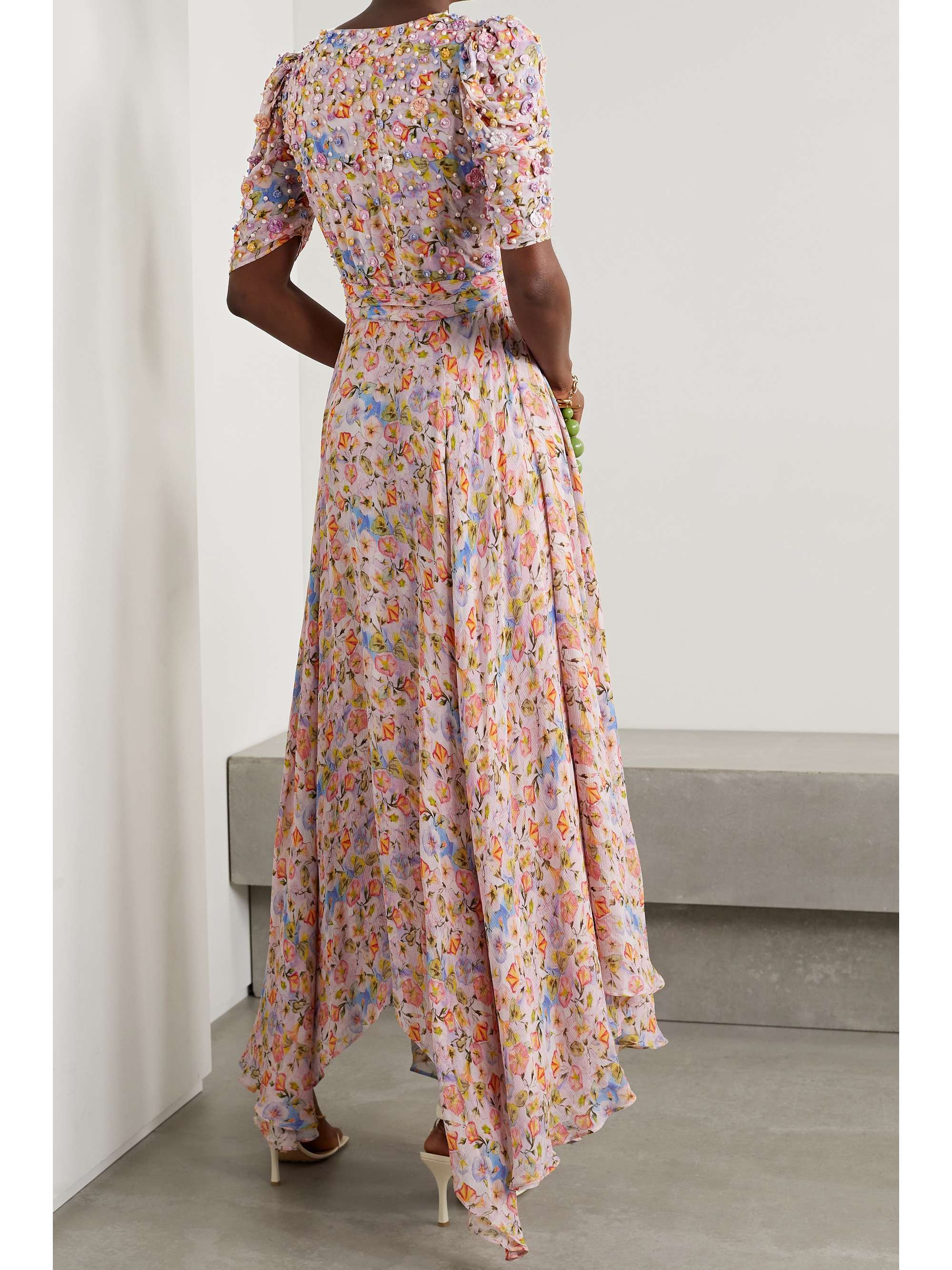 LOVESHACKFANCY Akira asymmetric embellished floral-print crepon maxi dress  | NET-A-PORTER