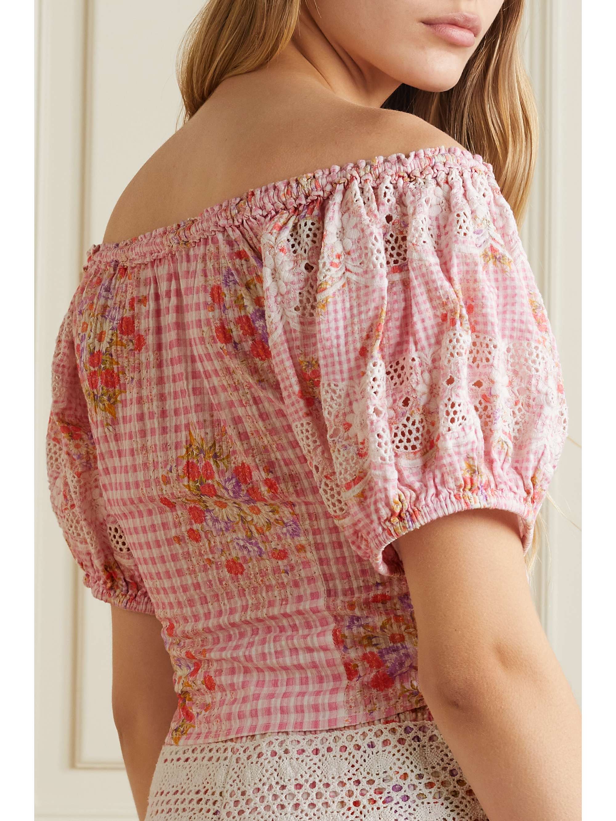 LOVESHACKFANCY Izetta floral-print broderie anglaise gingham cotton-seersucker top