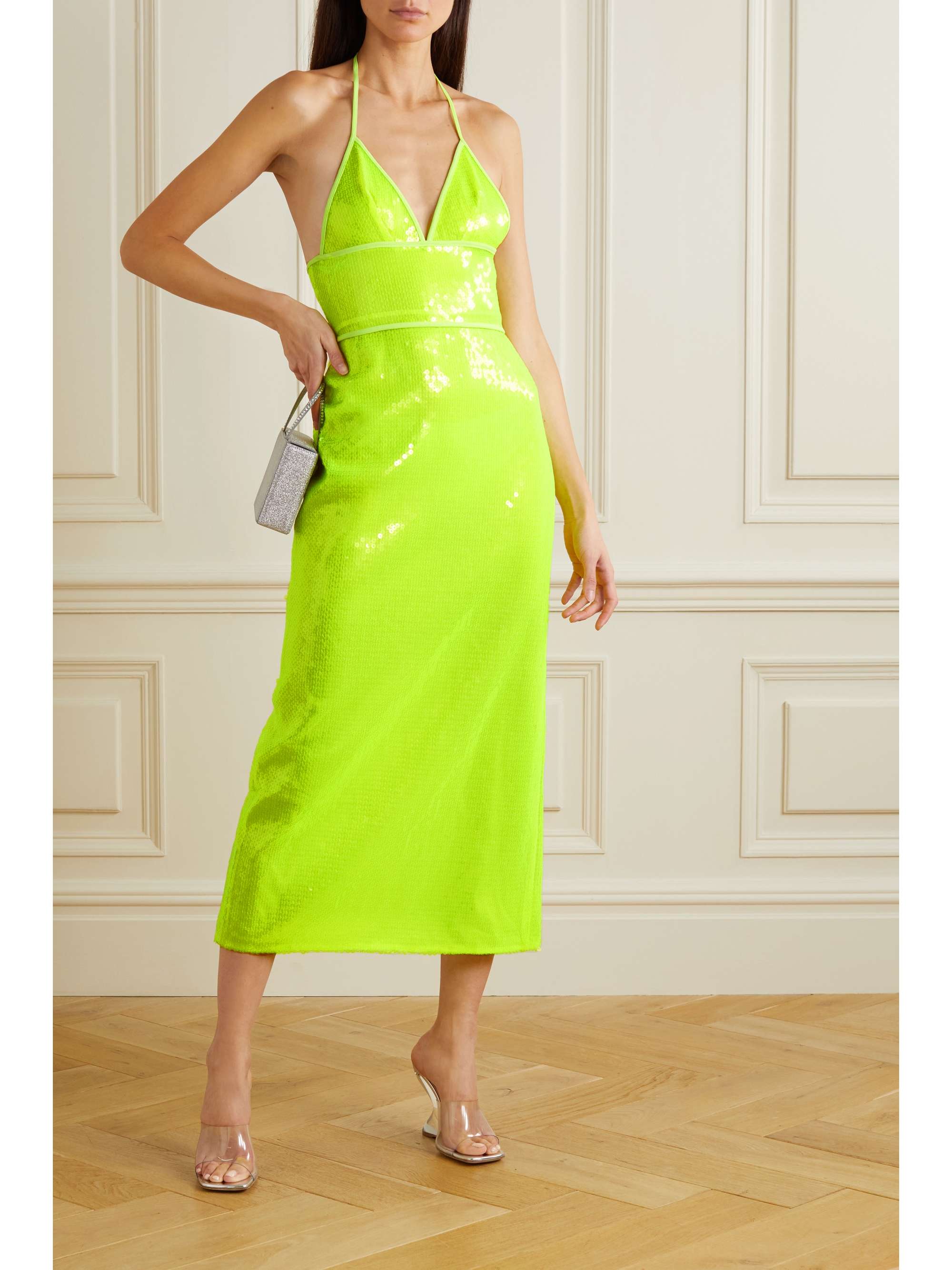 Yellow Neon sequined tulle halterneck 