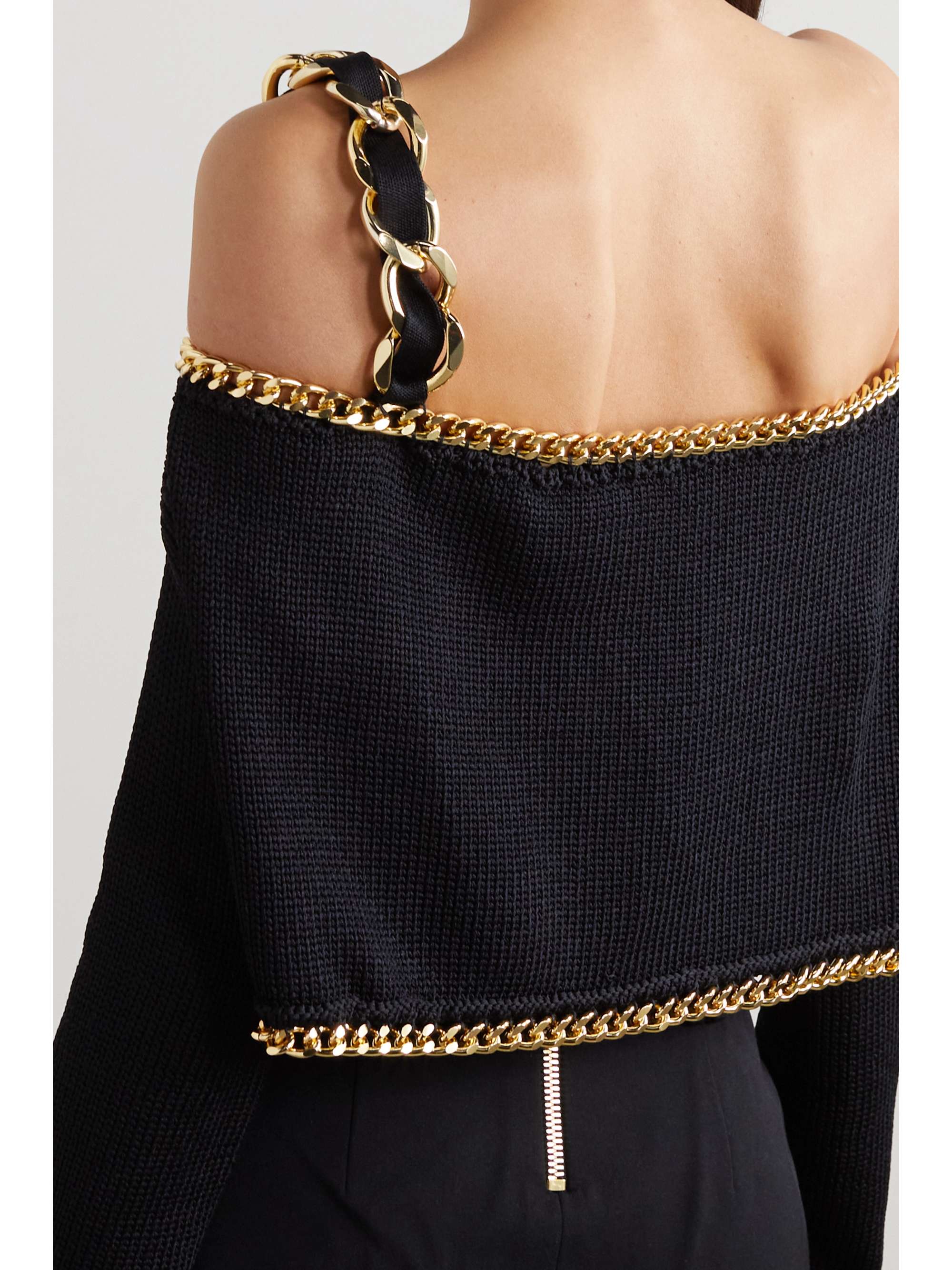 Cropped off-the-shoulder chain-embellished knitted top