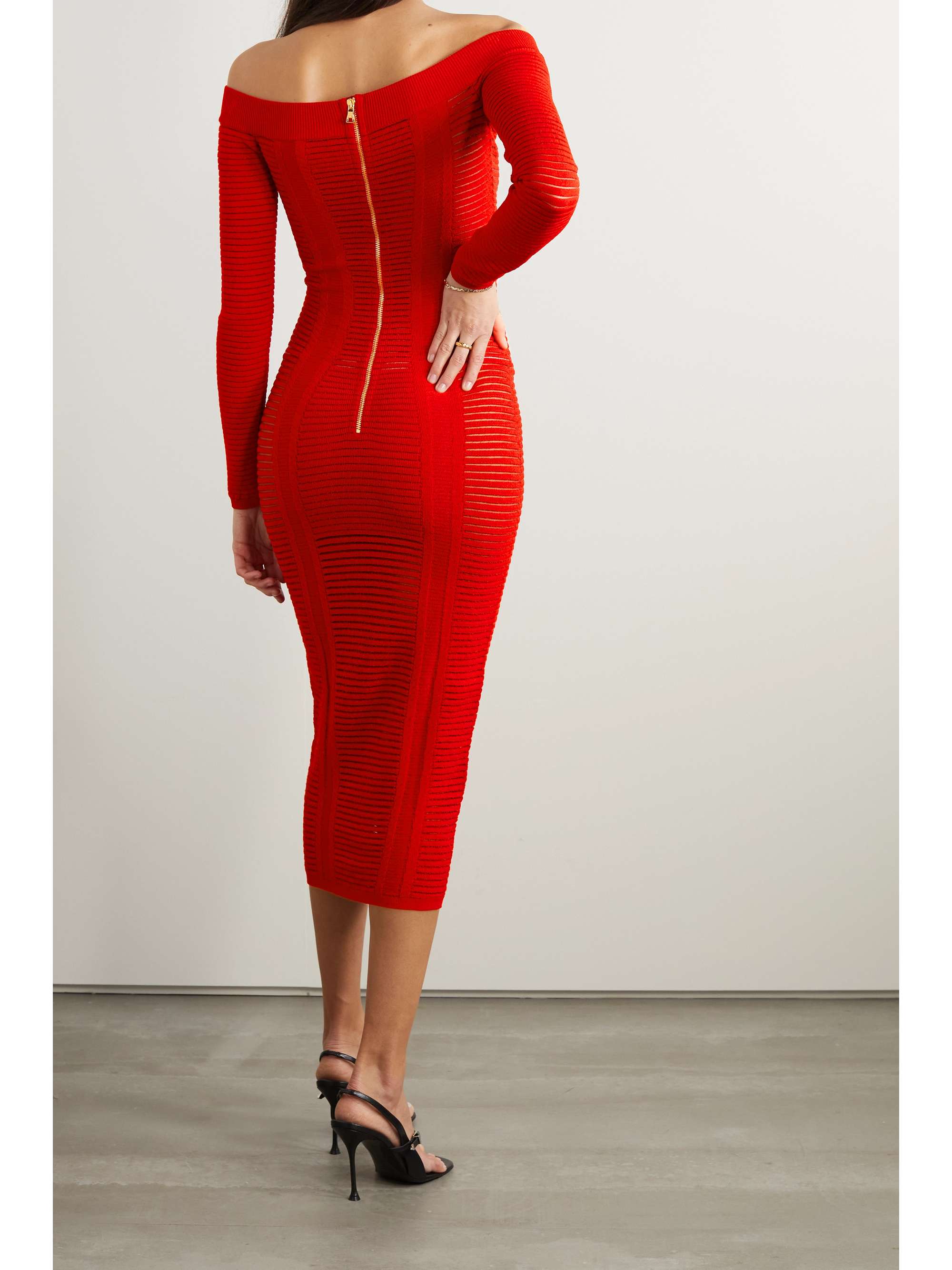 Red Off-the-shoulder ribbed-knit dress 