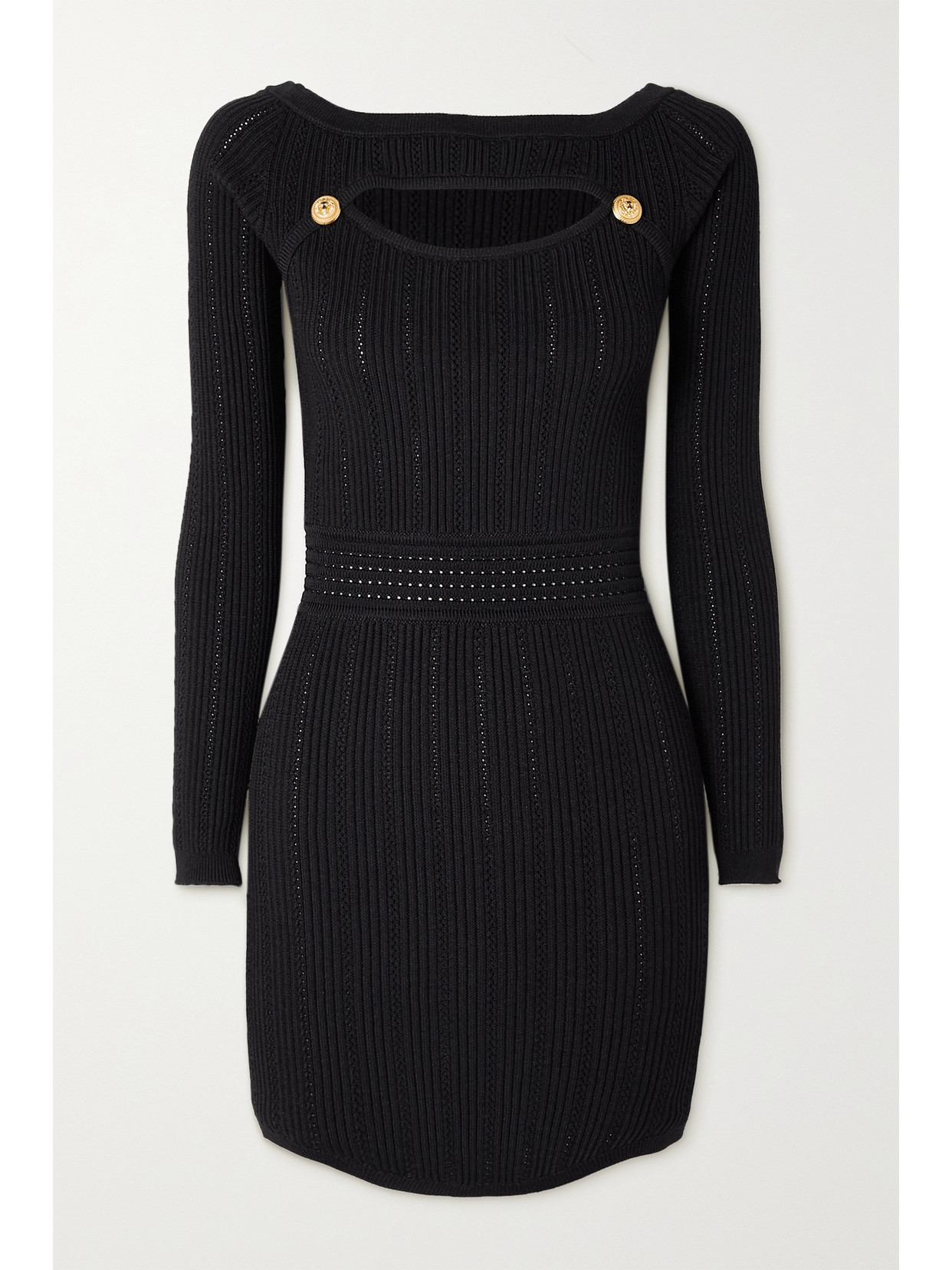 Balmain Cutout Button-embellished Ribbed-knit Mini Dress In Black | ModeSens