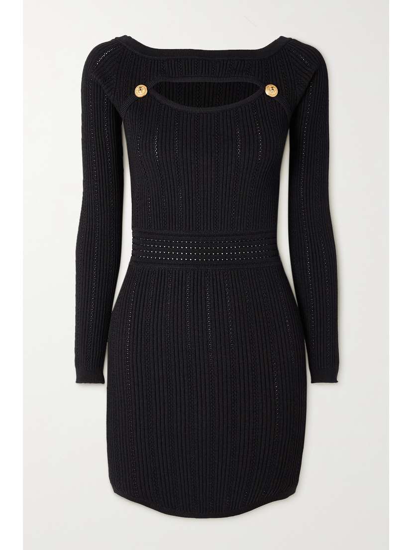 Balmain Cutout Button-embellished Ribbed-knit Mini Dress