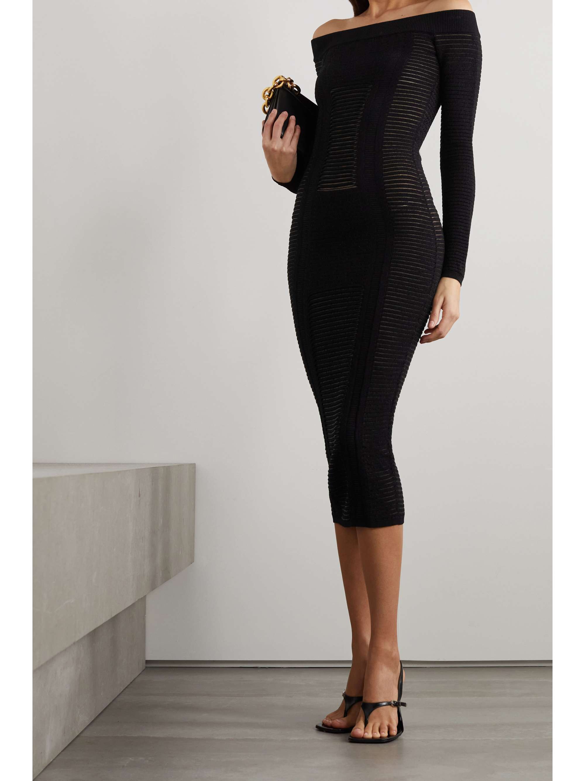 BALMAIN Off-the-shoulder ribbed-knit midi | NET-A-PORTER