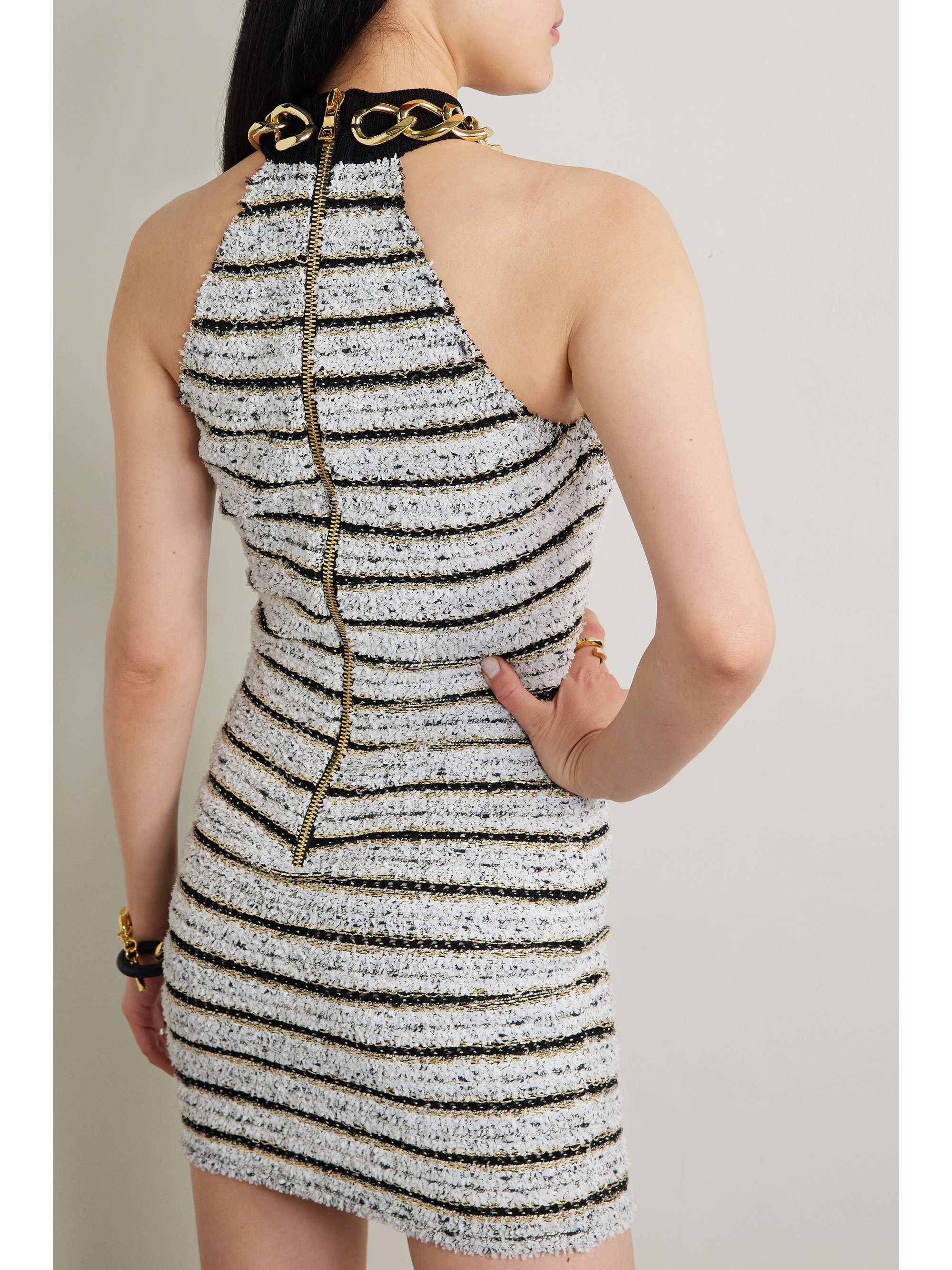 BALMAIN Embellished metallic tweed mini dress