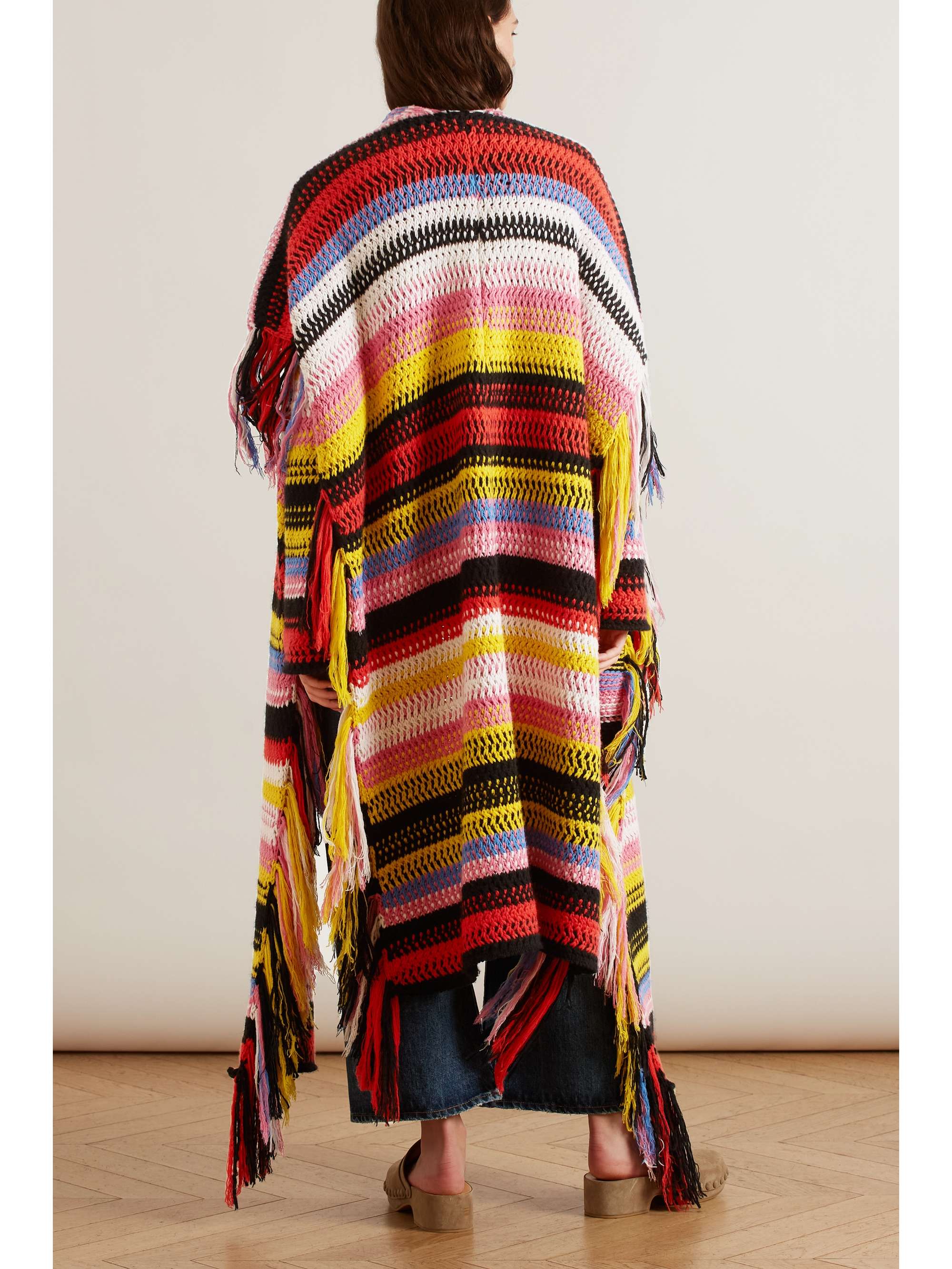 CHLOÉ Fringed striped macramé recycled cashmere wrap