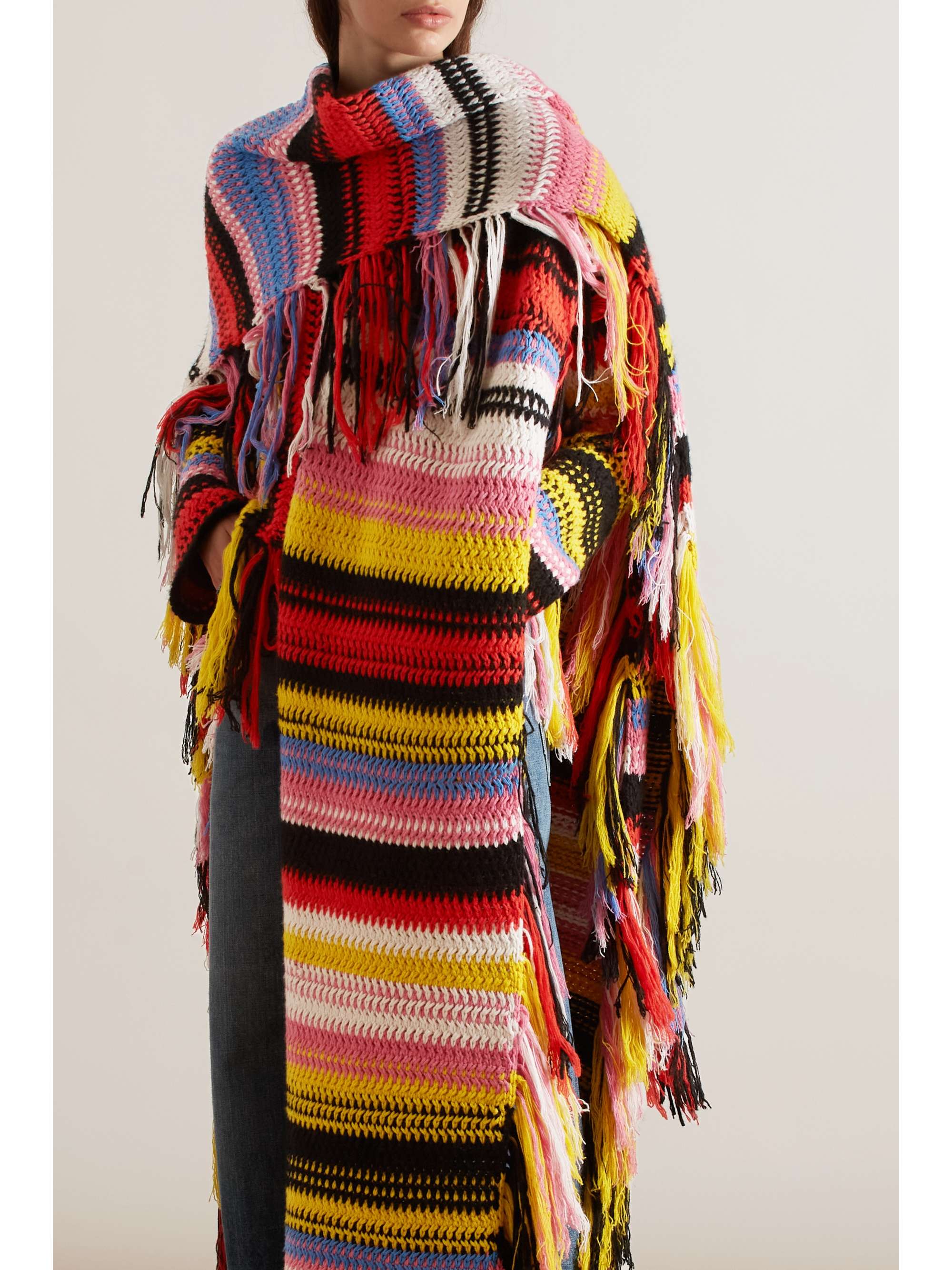 CHLOÉ Fringed striped macramé recycled cashmere wrap