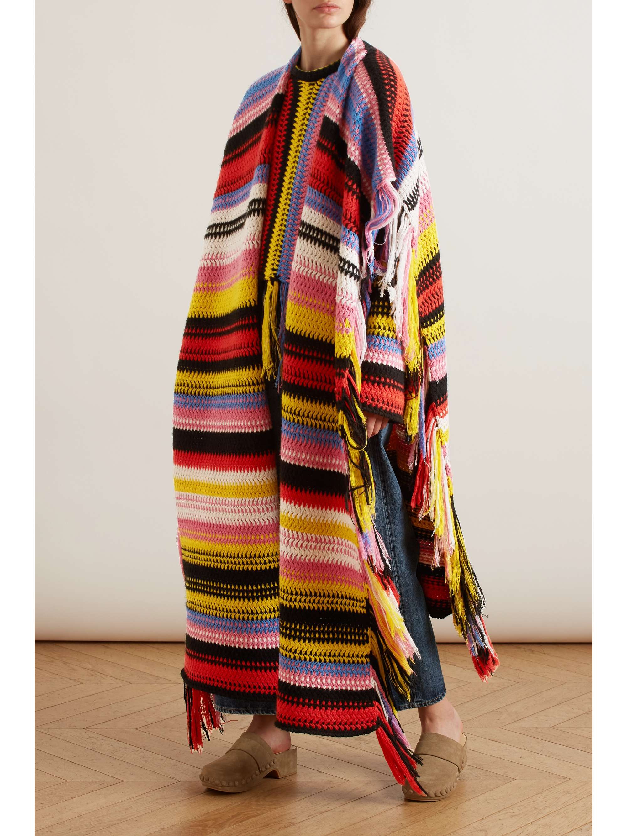 CHLOÉ Fringed striped macramé recycled cashmere wrap
