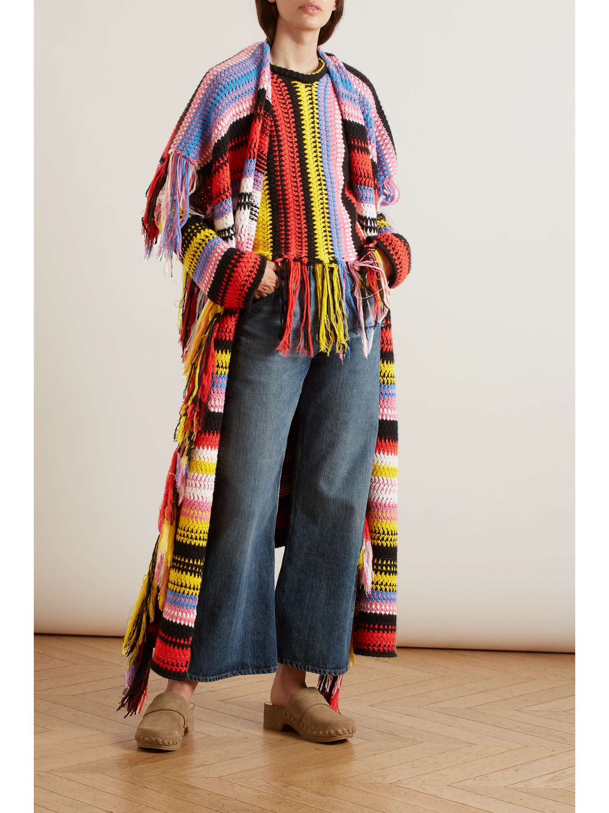 CHLOÉ Fringed striped macramé recycled cashmere wrap