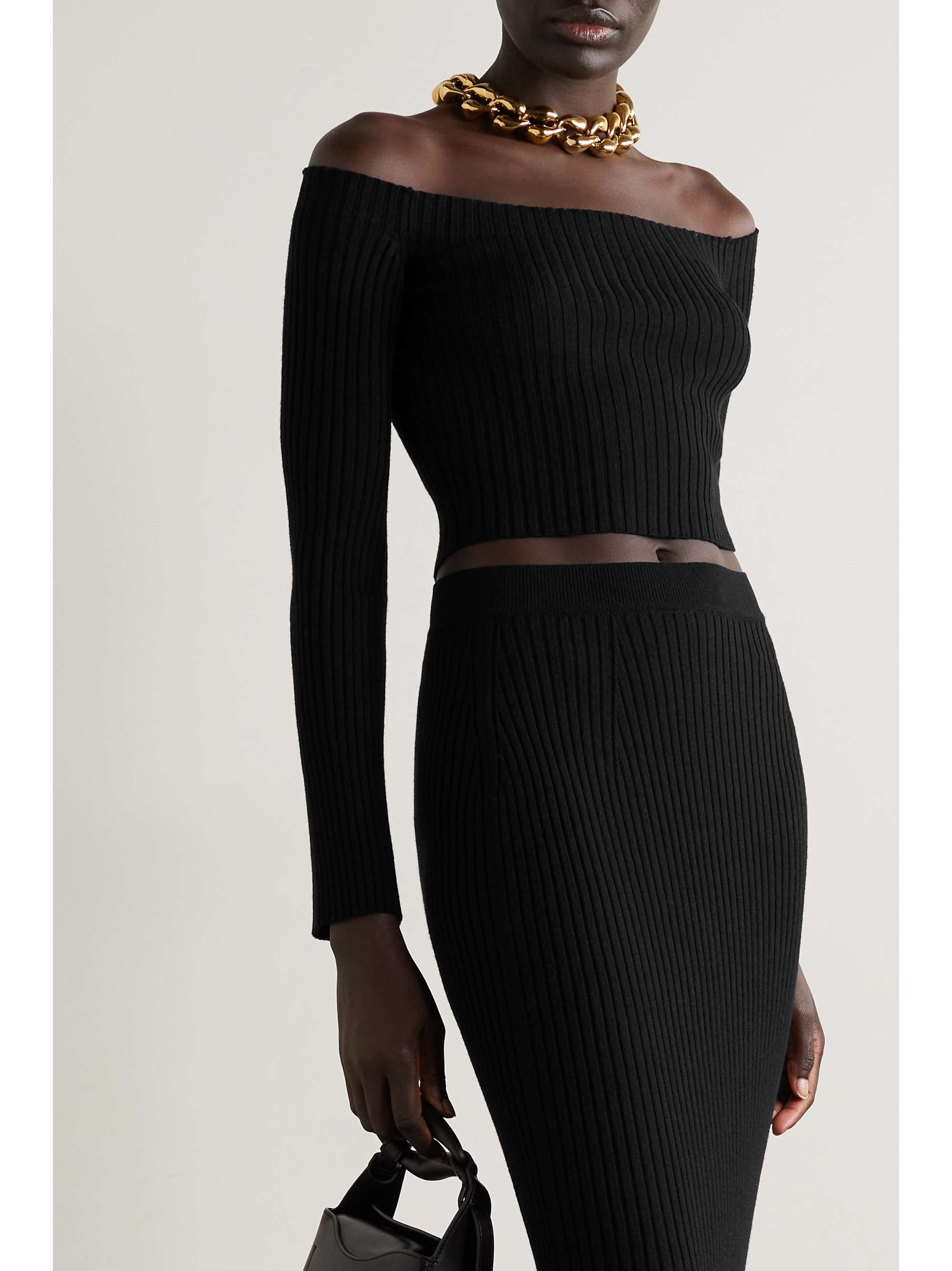 CHLOÉ + NET SUSTAIN off-the-shoulder cropped ribbed wool and cashmere-blend sweater