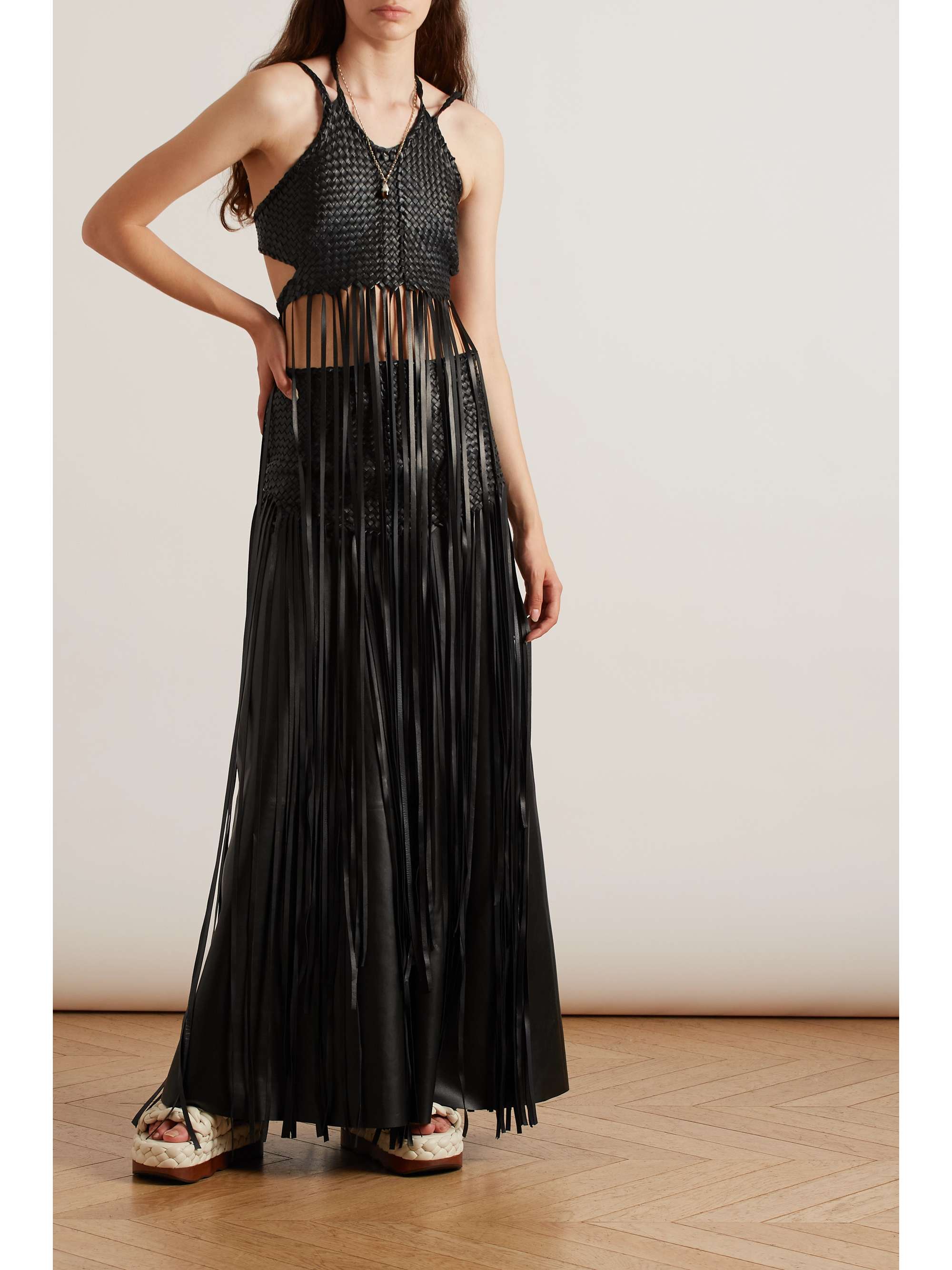 CHLOÉ + NET SUSTAIN fringed silk and linen-blend halterneck top