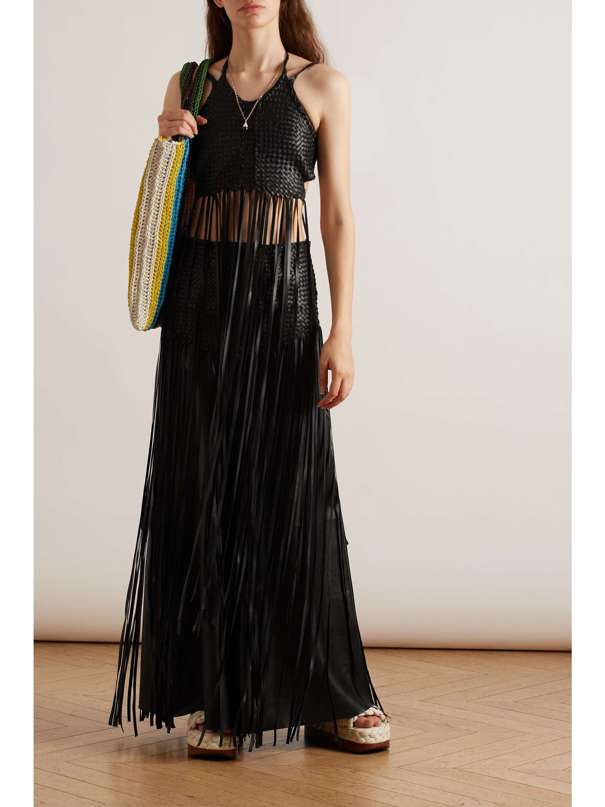 CHLOÉ + NET SUSTAIN fringed silk and linen-blend halterneck top