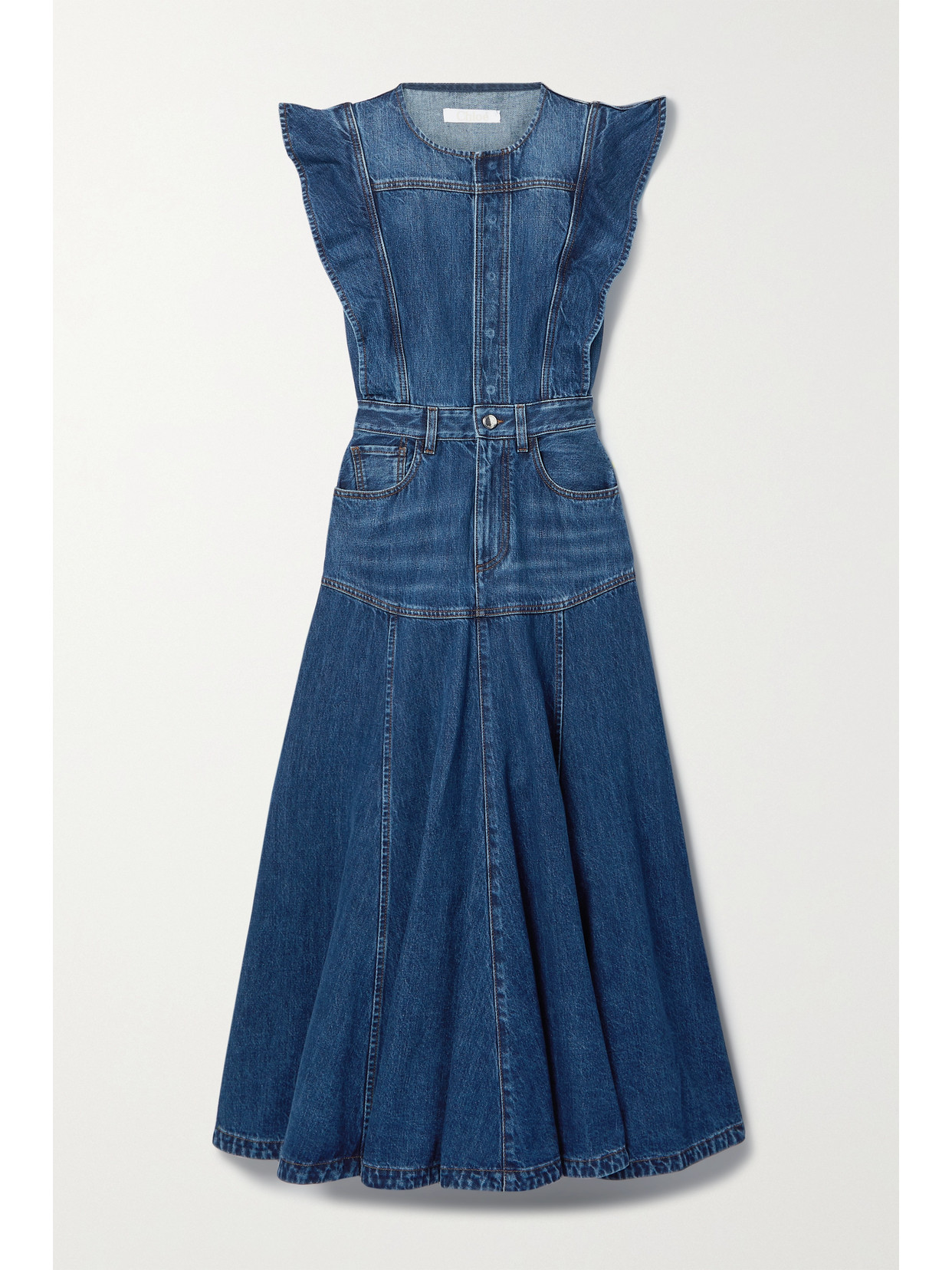 CHLOÉ + NET SUSTAIN RUFFLED ORGANIC DENIM MIDI DRESS