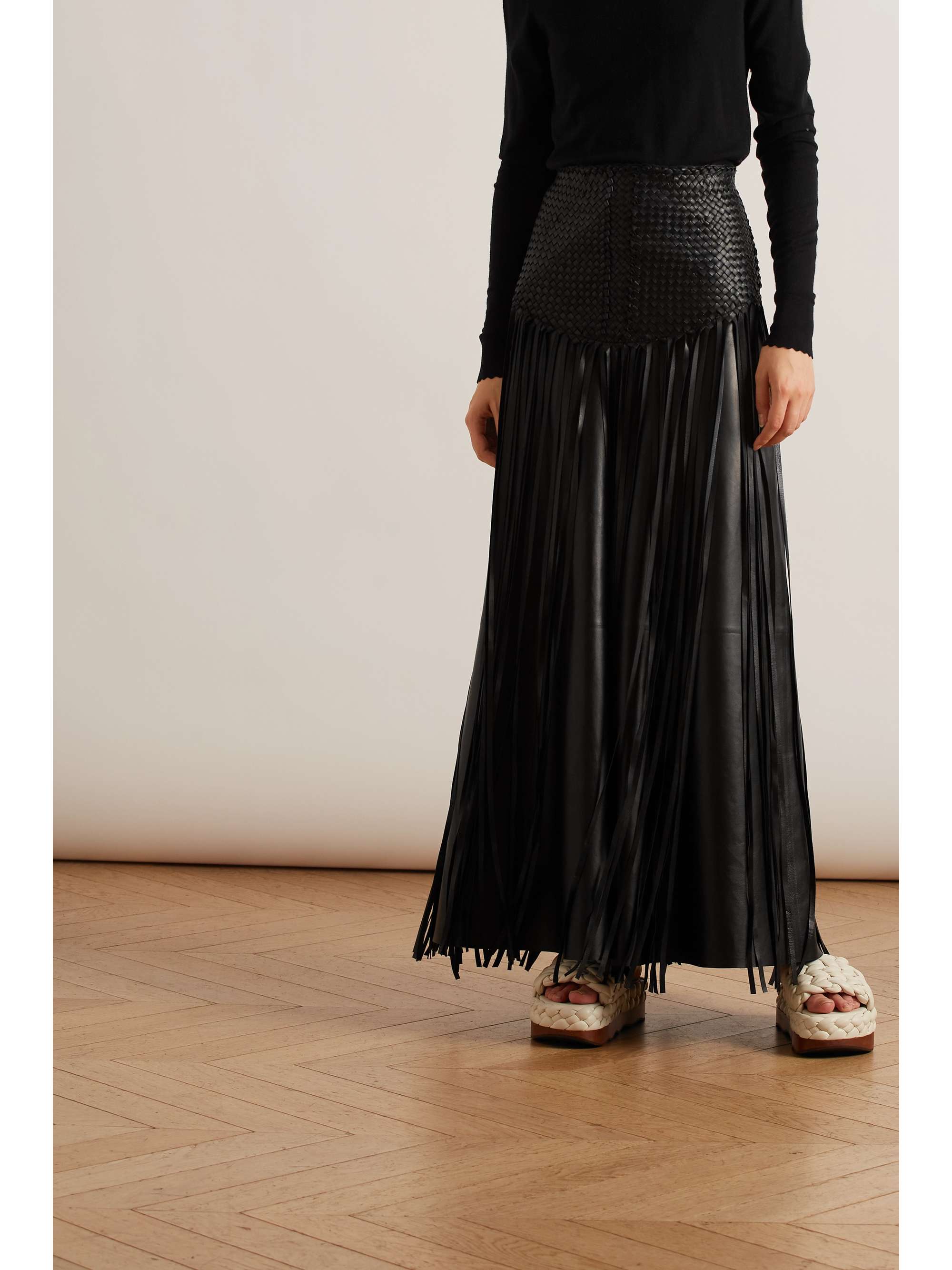 CHLOÉ Layered fringed woven leather maxi skirt
