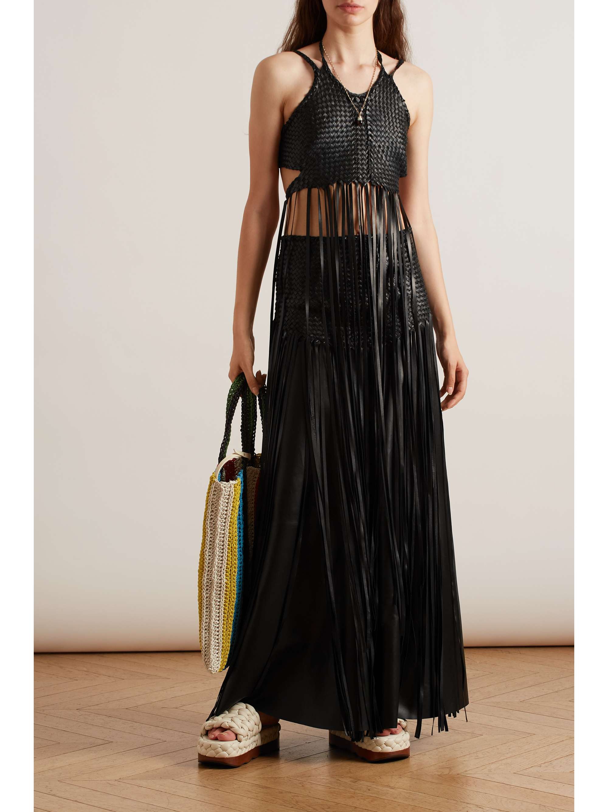 CHLOÉ Layered fringed woven leather maxi skirt