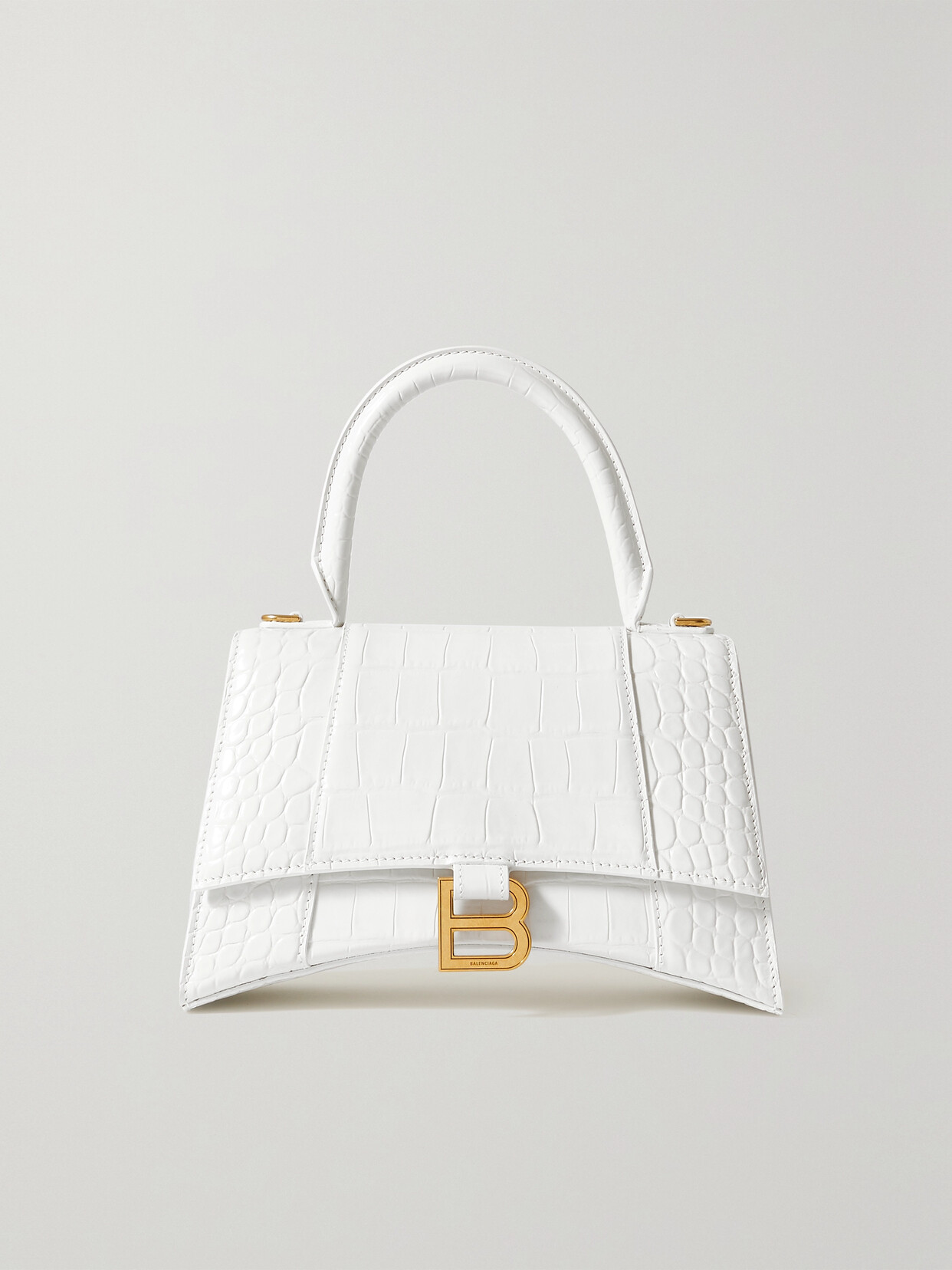 Balenciaga Hourglass Small Glossed Croc-effect Leather Tote In White