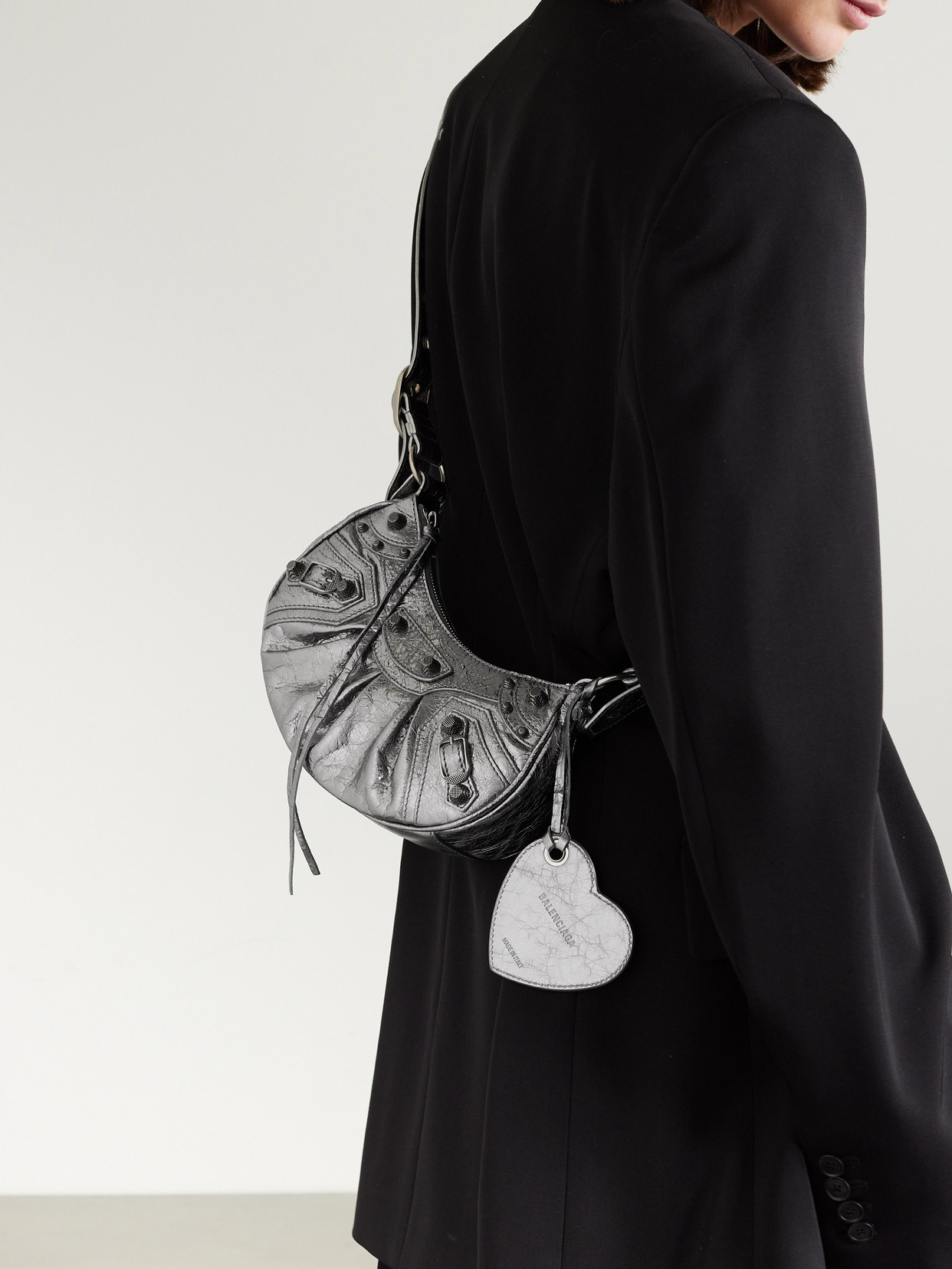 Balenciaga Cagole Xs Studded Metallic Crinkled-leather Shoulder Bag In Silver