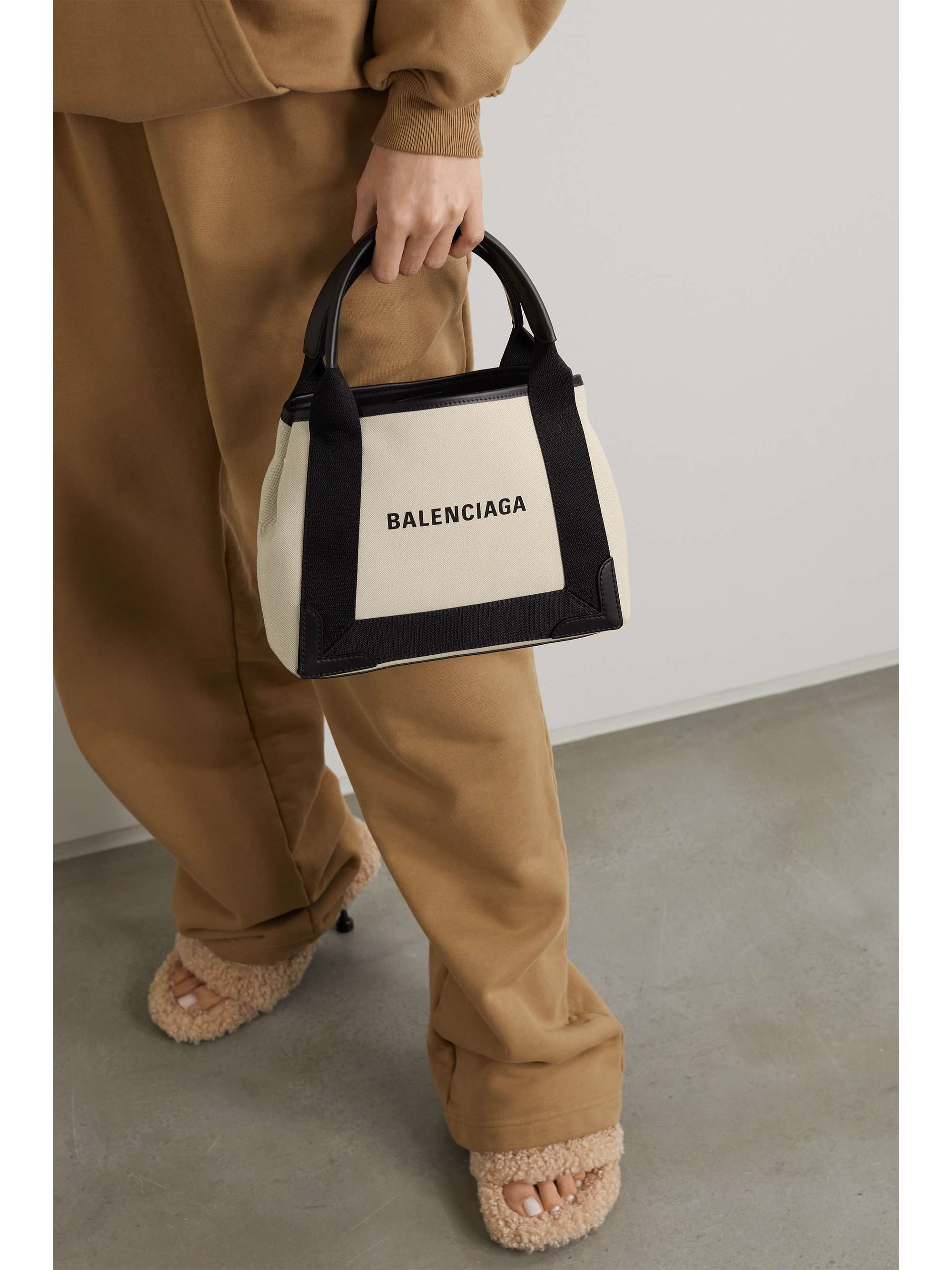 Small leather-trimmed checked cotton-canvas tote