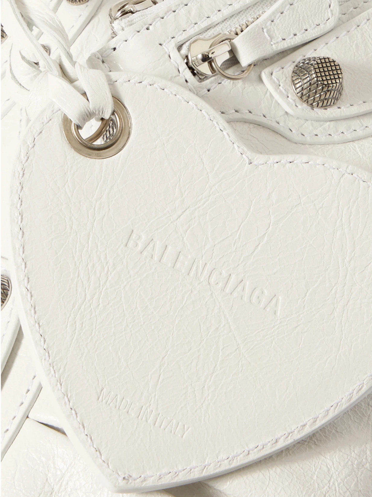 Shop Balenciaga Le Cagole Xs Studded Crinkled-leather Shoulder Bag In White