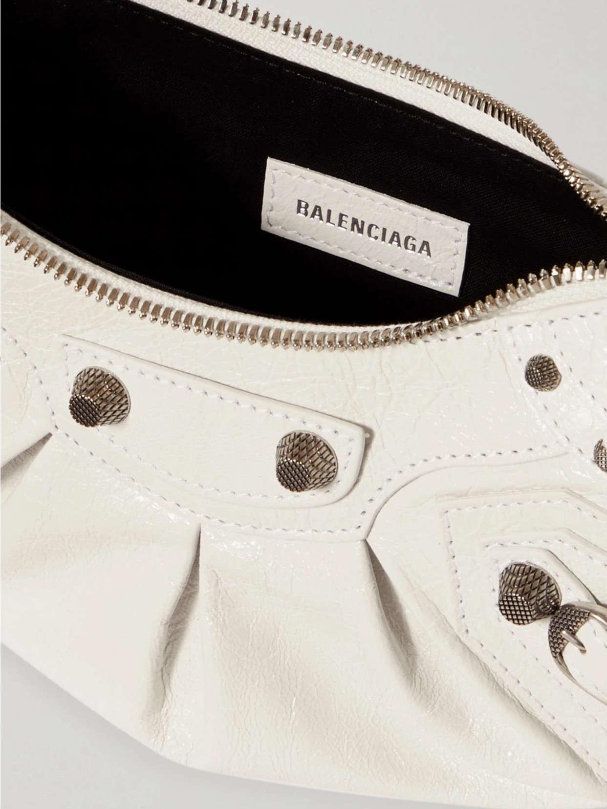 Shop Balenciaga Le Cagole Xs Studded Crinkled-leather Shoulder Bag In White