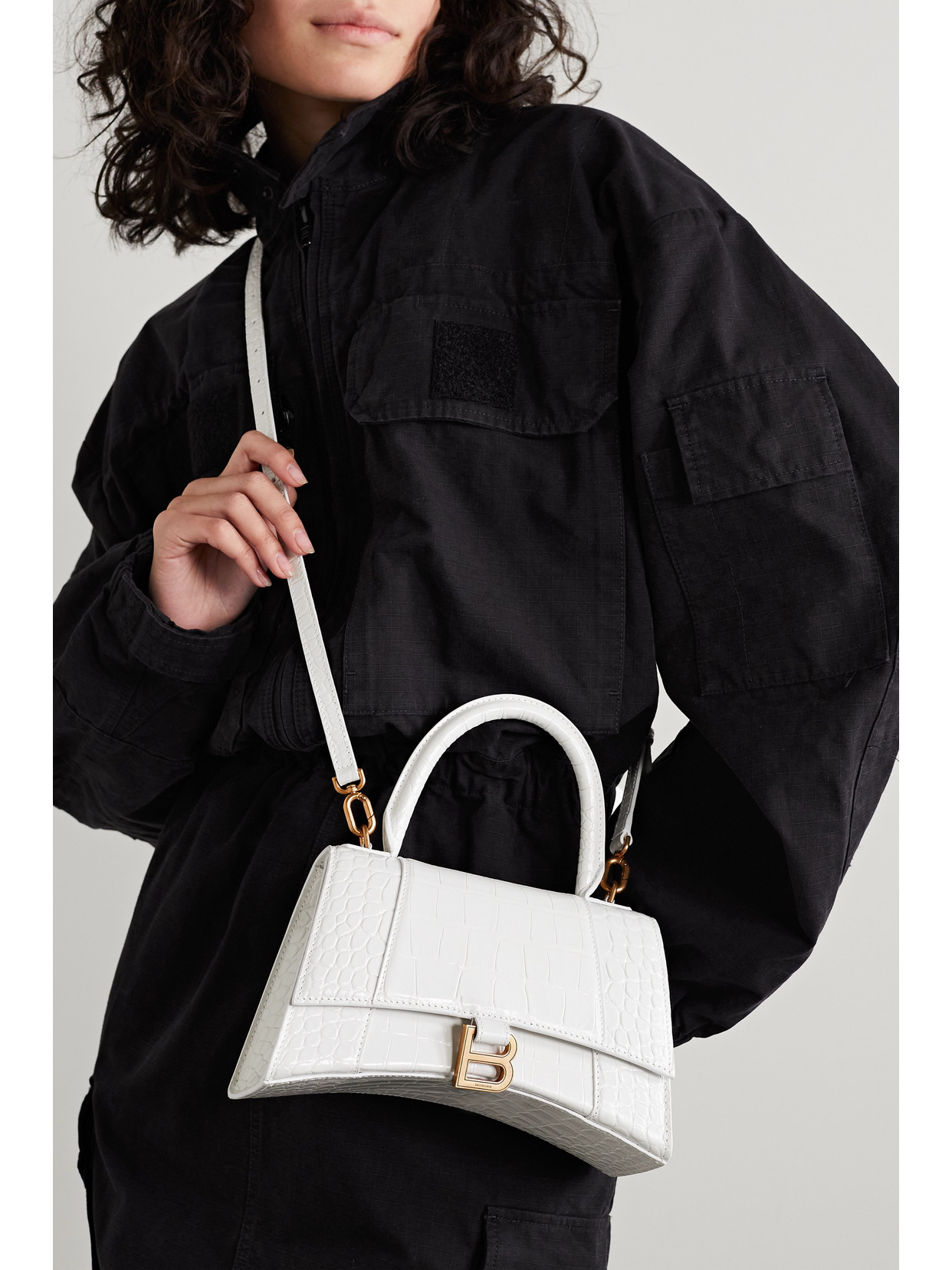 Balenciaga Hourglass Xs Croc-effect Leather Tote In White