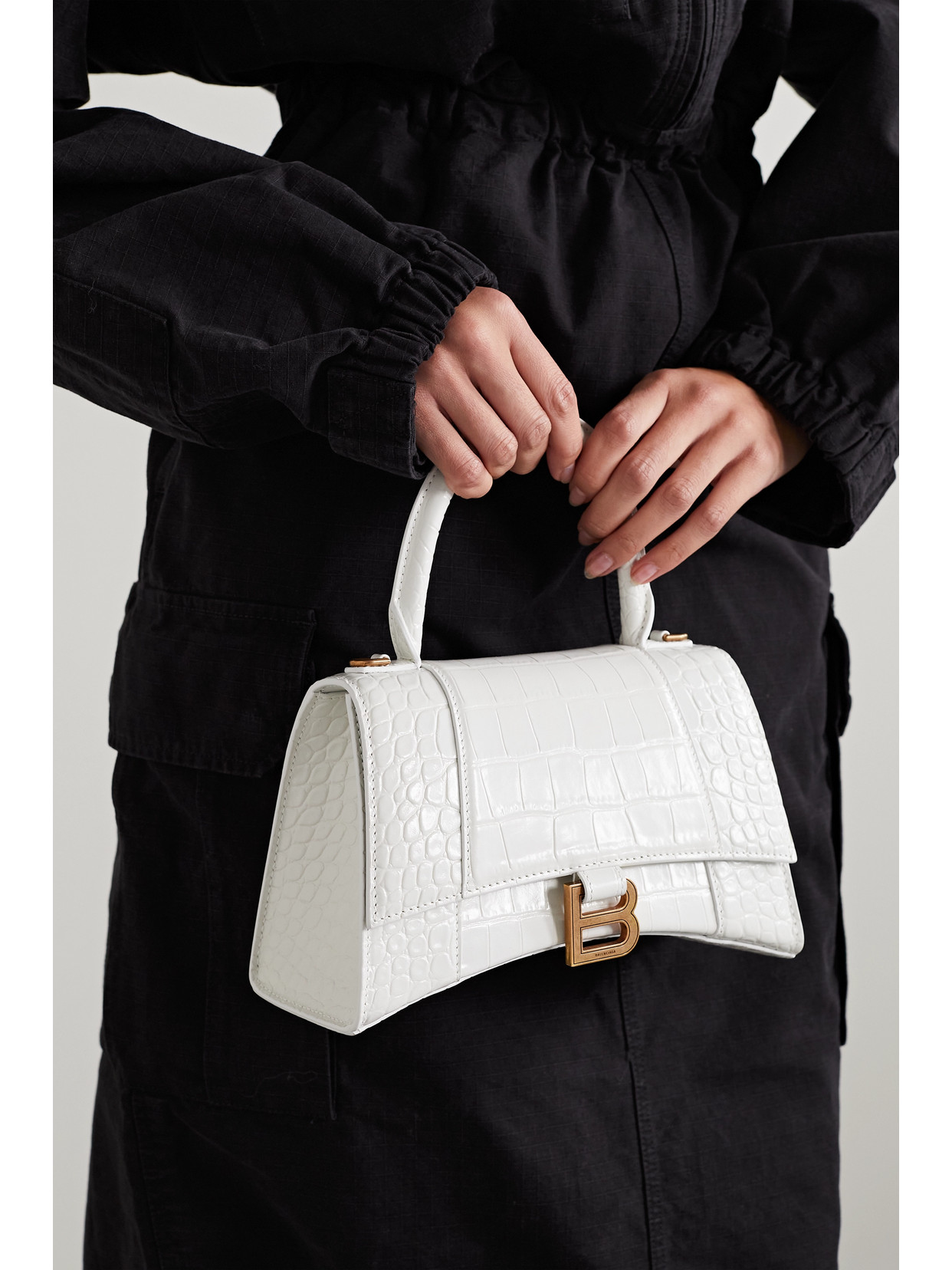 Balenciaga Hourglass Xs Croc-effect Leather Tote In White
