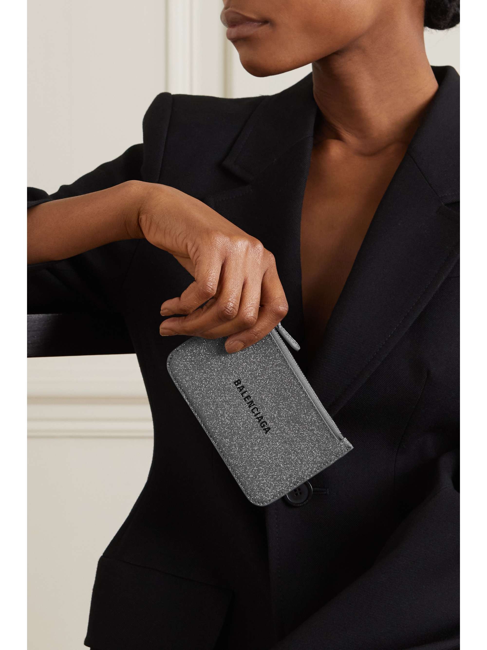 BALENCIAGA Cash printed glittered leather cardholder