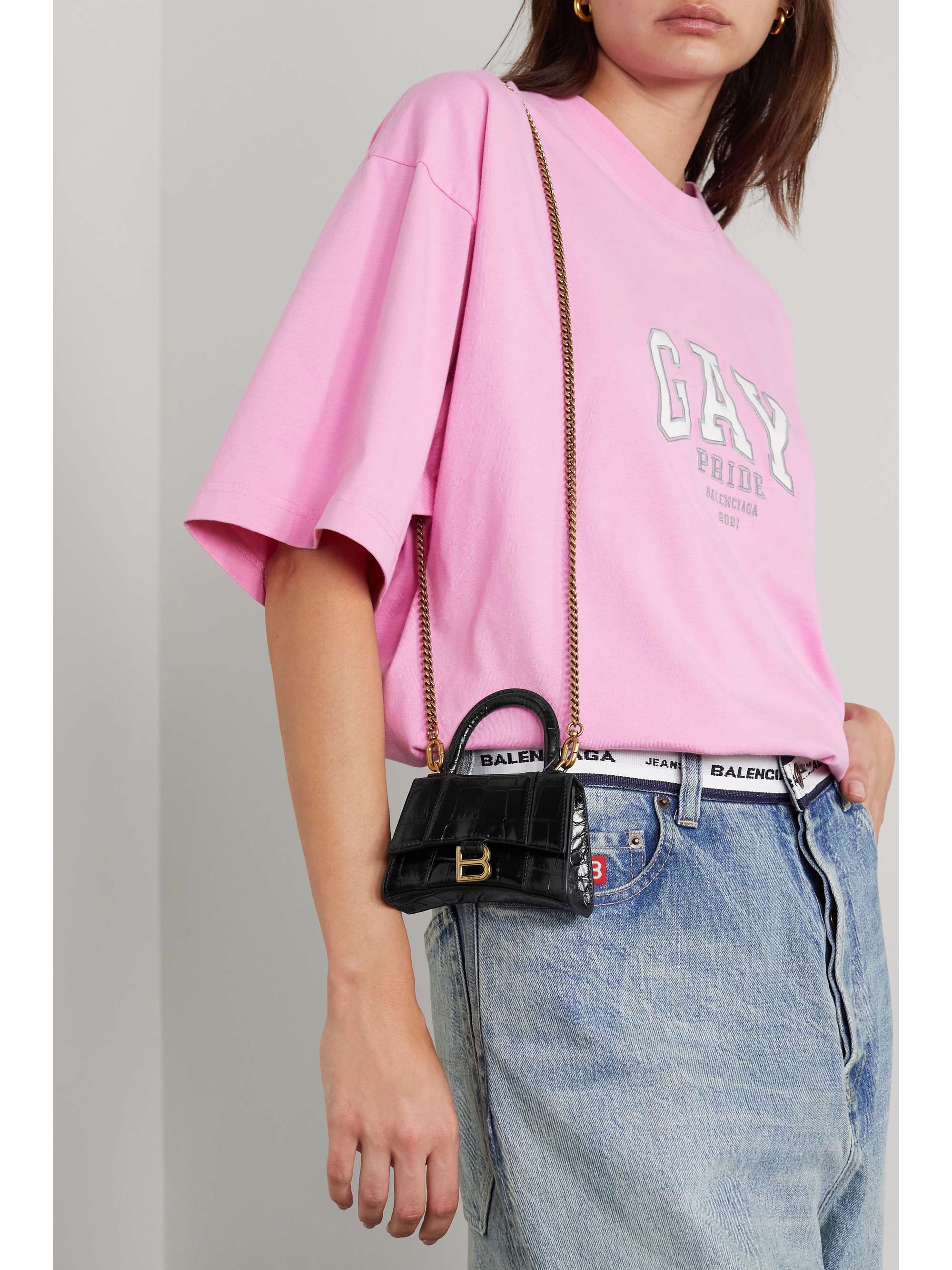 Pink Hourglass XS logo-print denim cross-body bag, Balenciaga