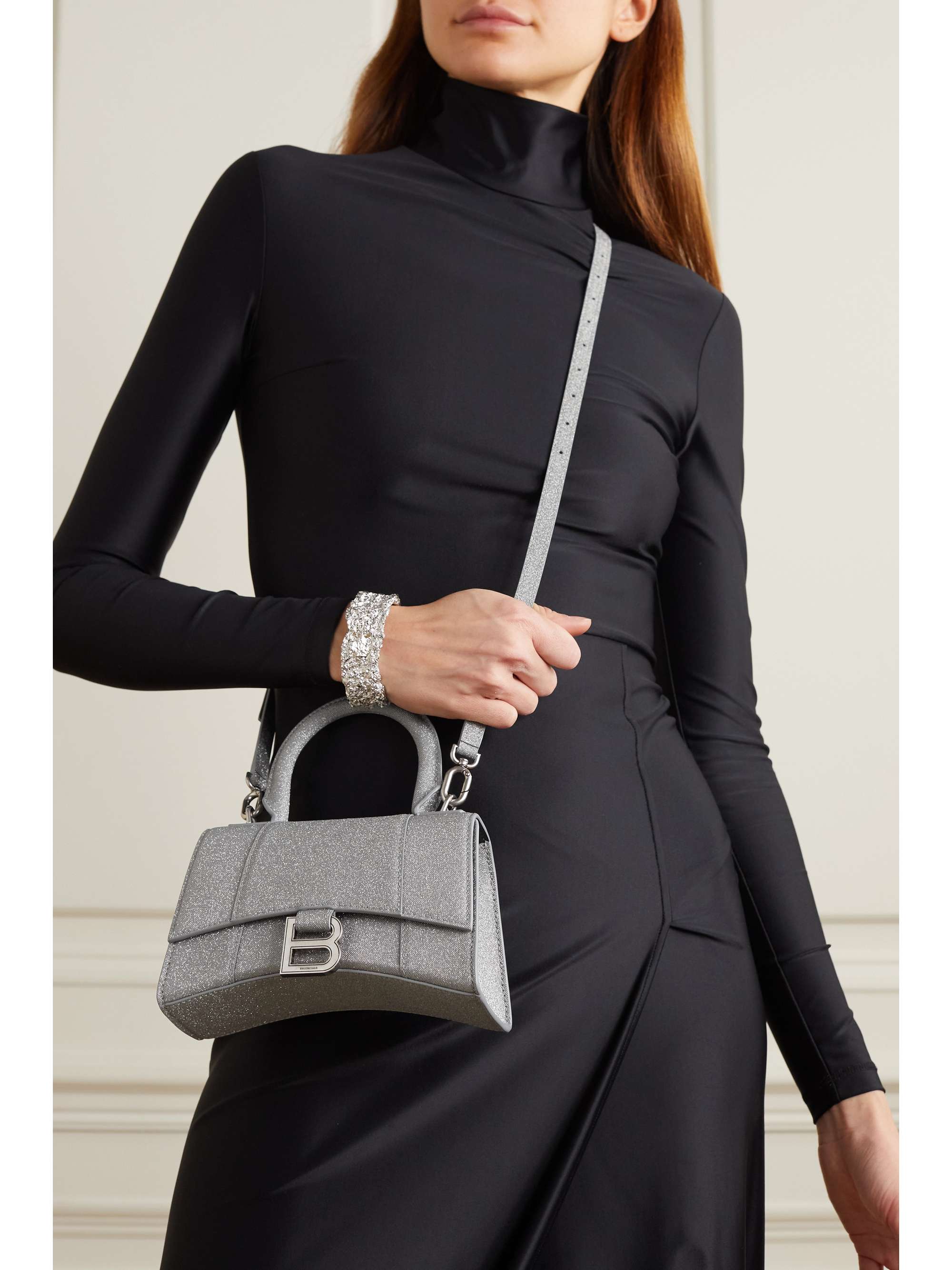 BALENCIAGA Hourglass XS glittered leather tote