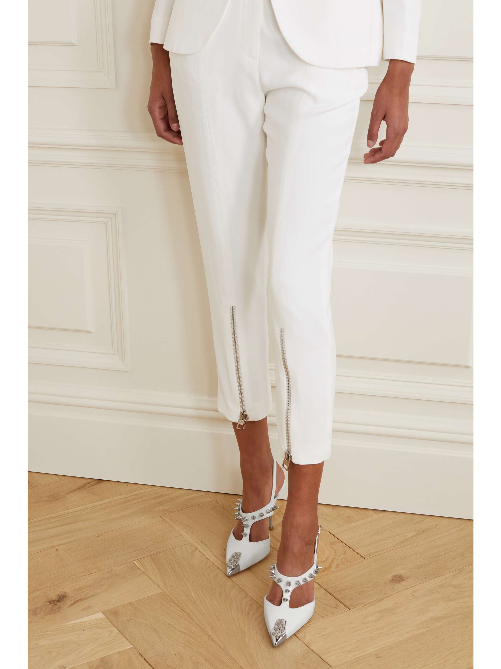 White Studded leather slingback pumps 