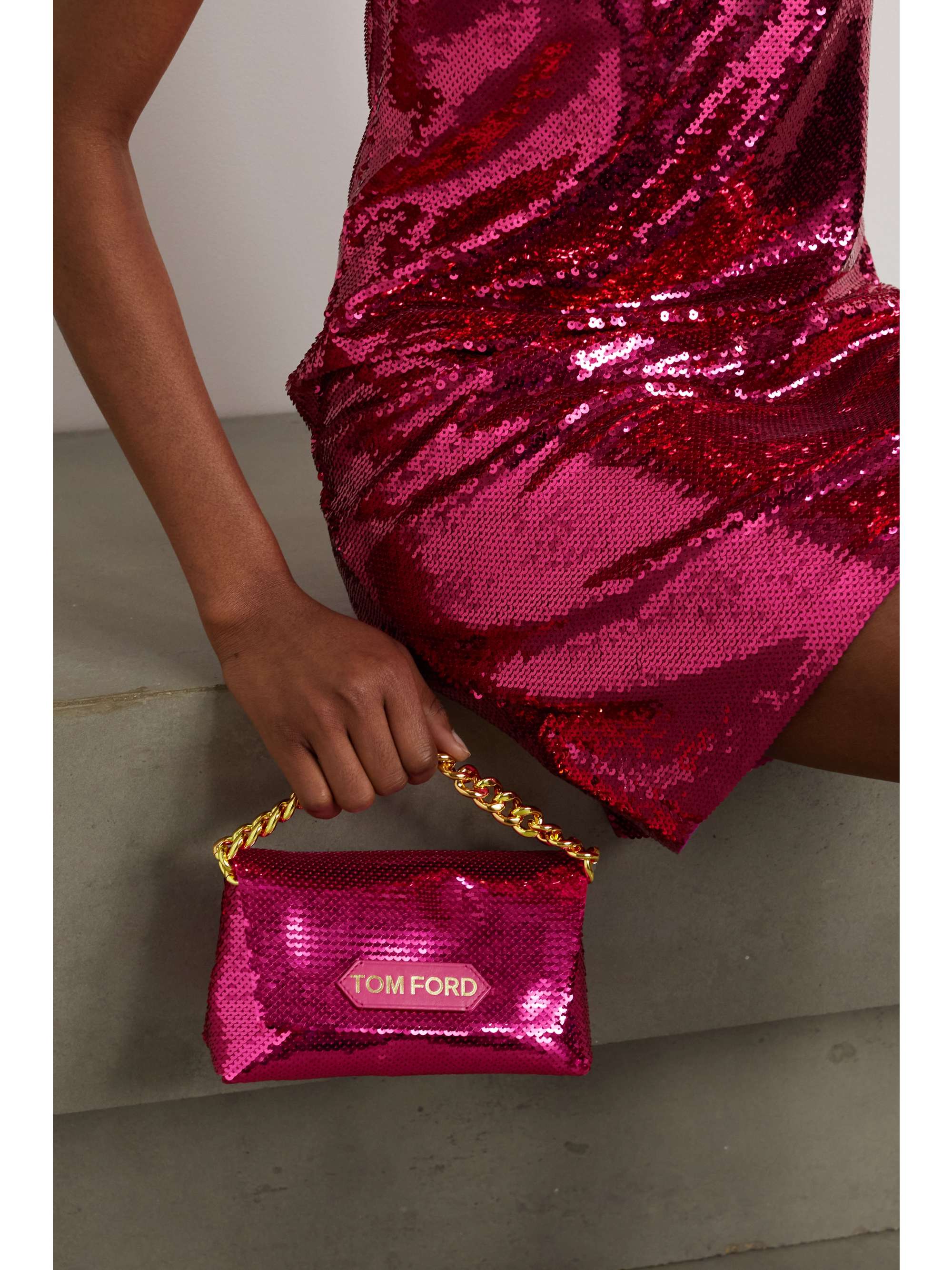 TOM FORD Chain mini sequined metallic leather clutch