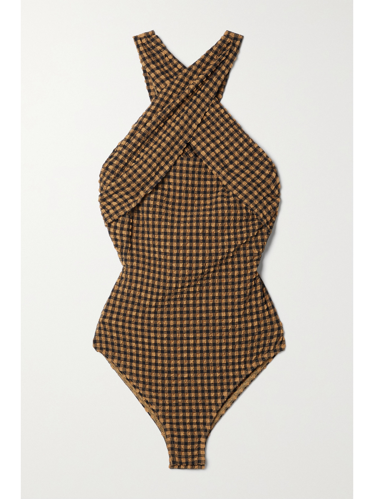 Nanushka Rana Check Seersucker Recycled Polyester Blend Bodysuit In Brown