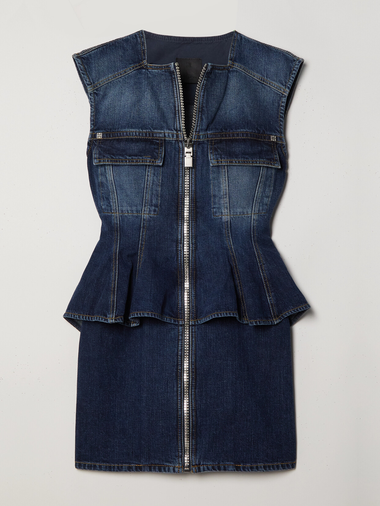 Givenchy Square-neck Peplum Denim Mini Dress In Blue