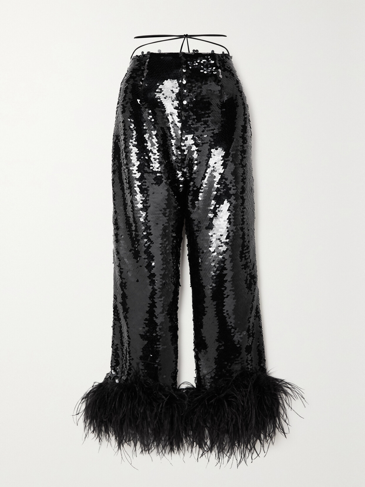 Magda Butrym Feather-trimmed Sequined Chiffon Straight-leg Pants In Black