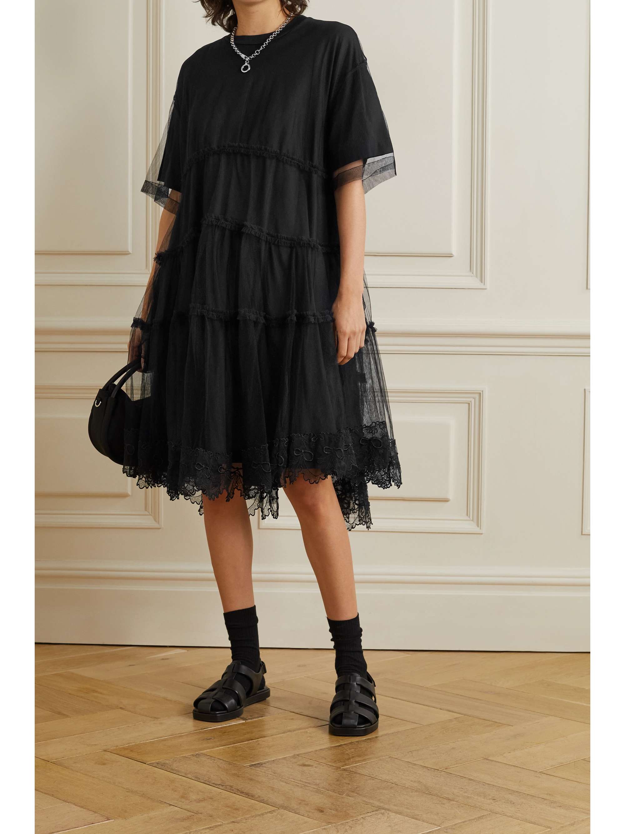 Black Tiered layered tulle and Supima cotton-jersey midi dress | SIMONE ...