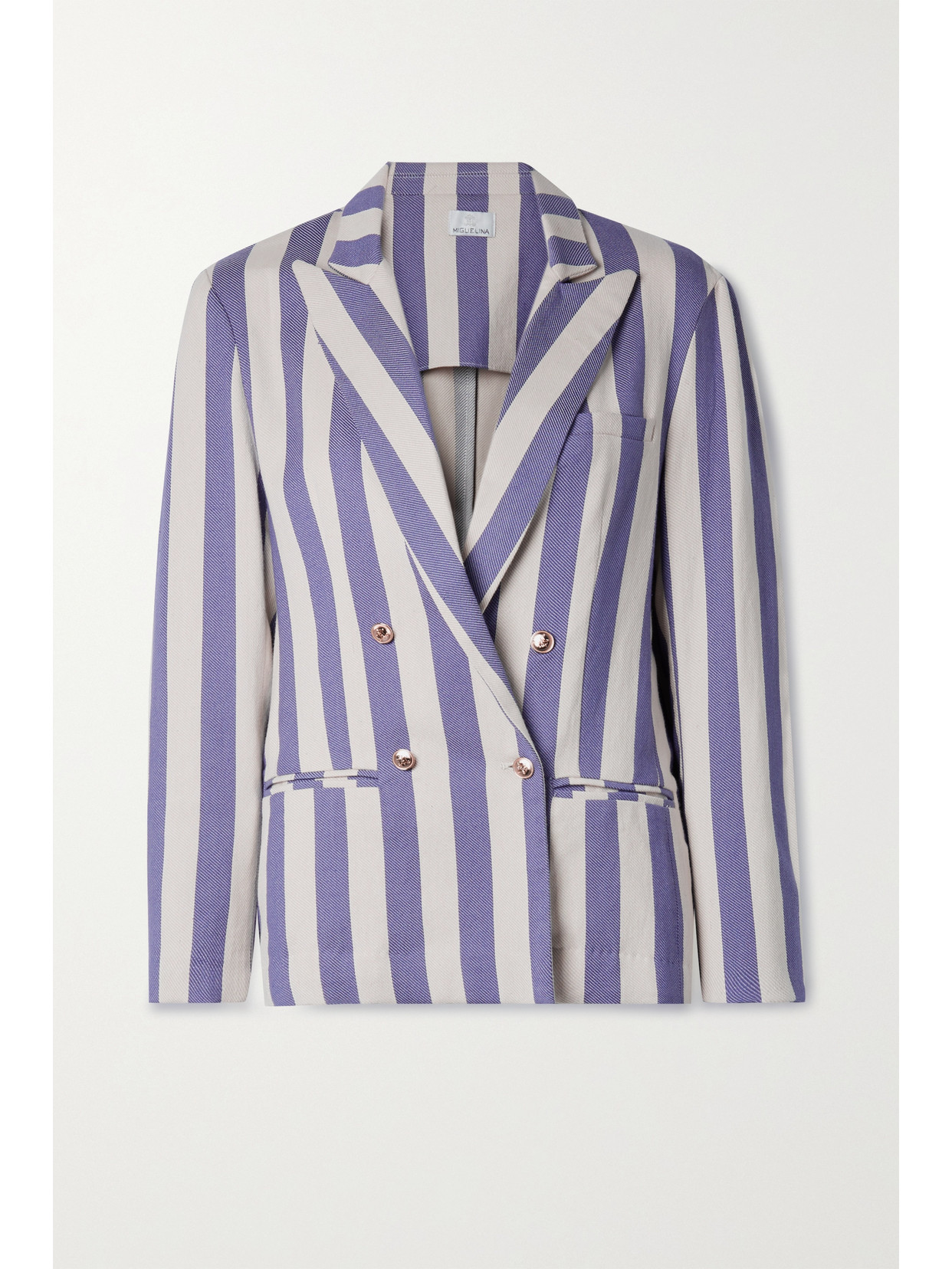 Miguelina + Net Sustain Chiara Double-breasted Striped Organic Cotton-twill Blazer In Purple