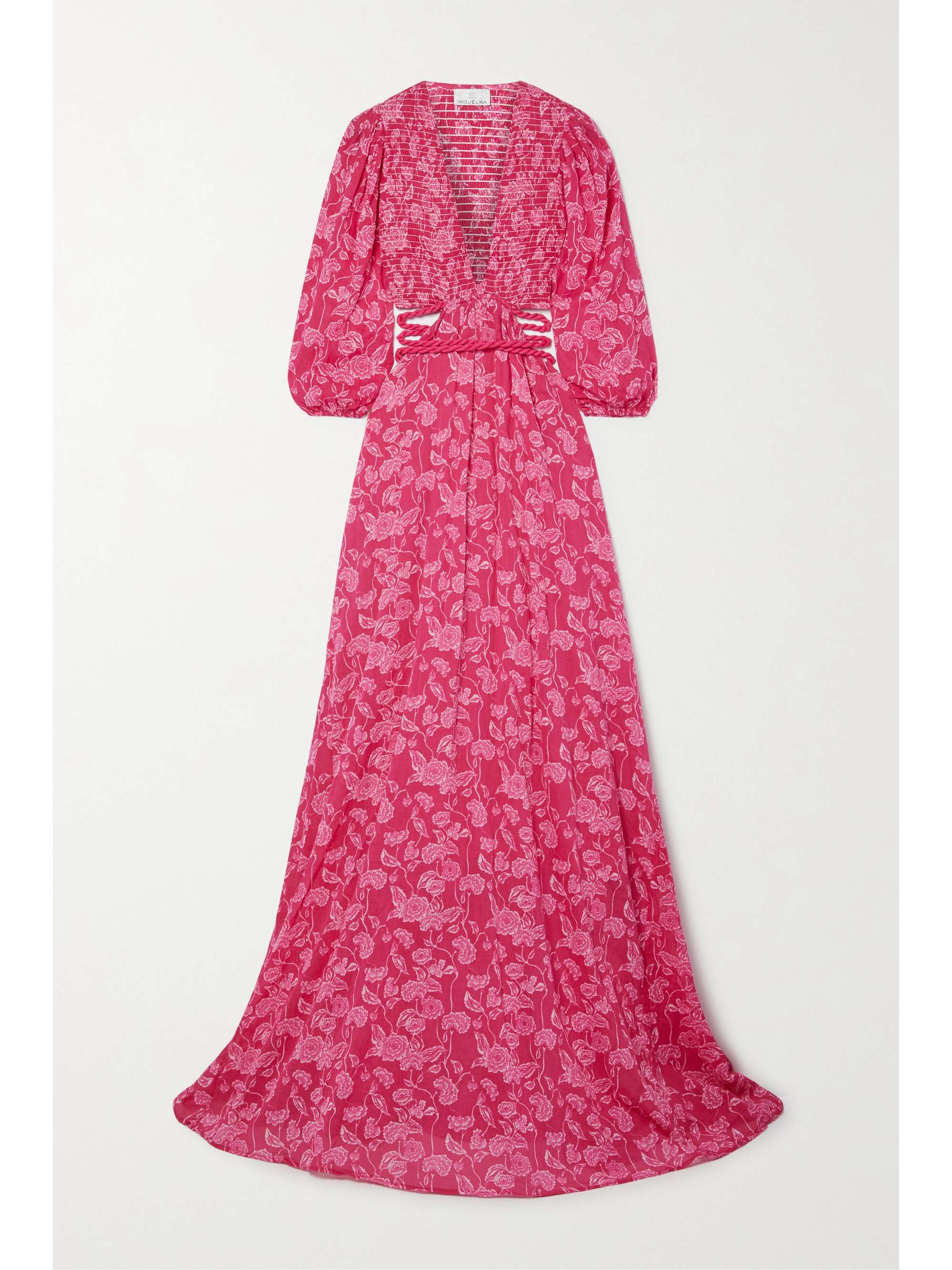 Bright pink Farrah smocked openback floralprint cottonvoile maxi