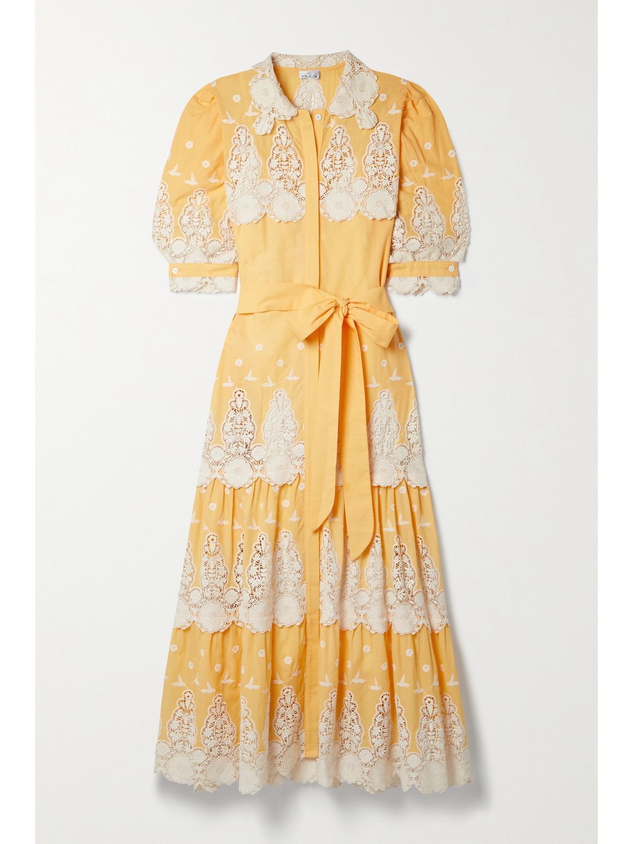 Miguelina Ophelia Belted Crochet-trimmed Embroidered Cotton Maxi Dress In Yellow