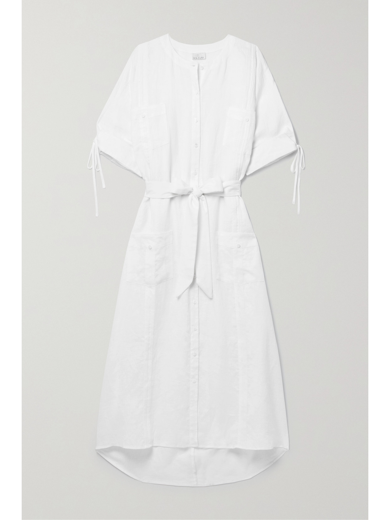 Miguelina Paisley Oversized Belted Linen Maxi Shirt Dress In White