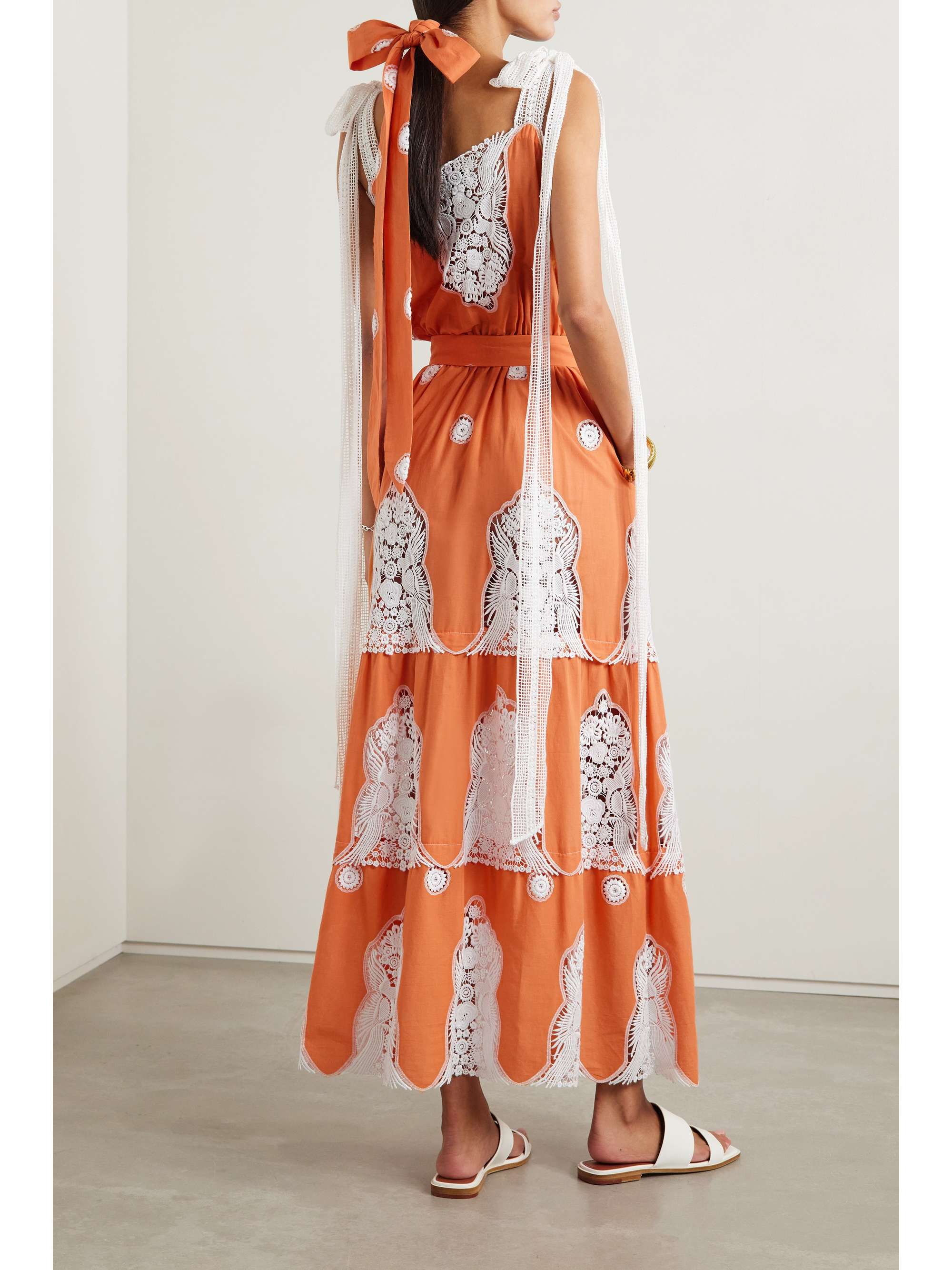 MIGUELINA Fatema belted crochet and cotton-voile midi dress