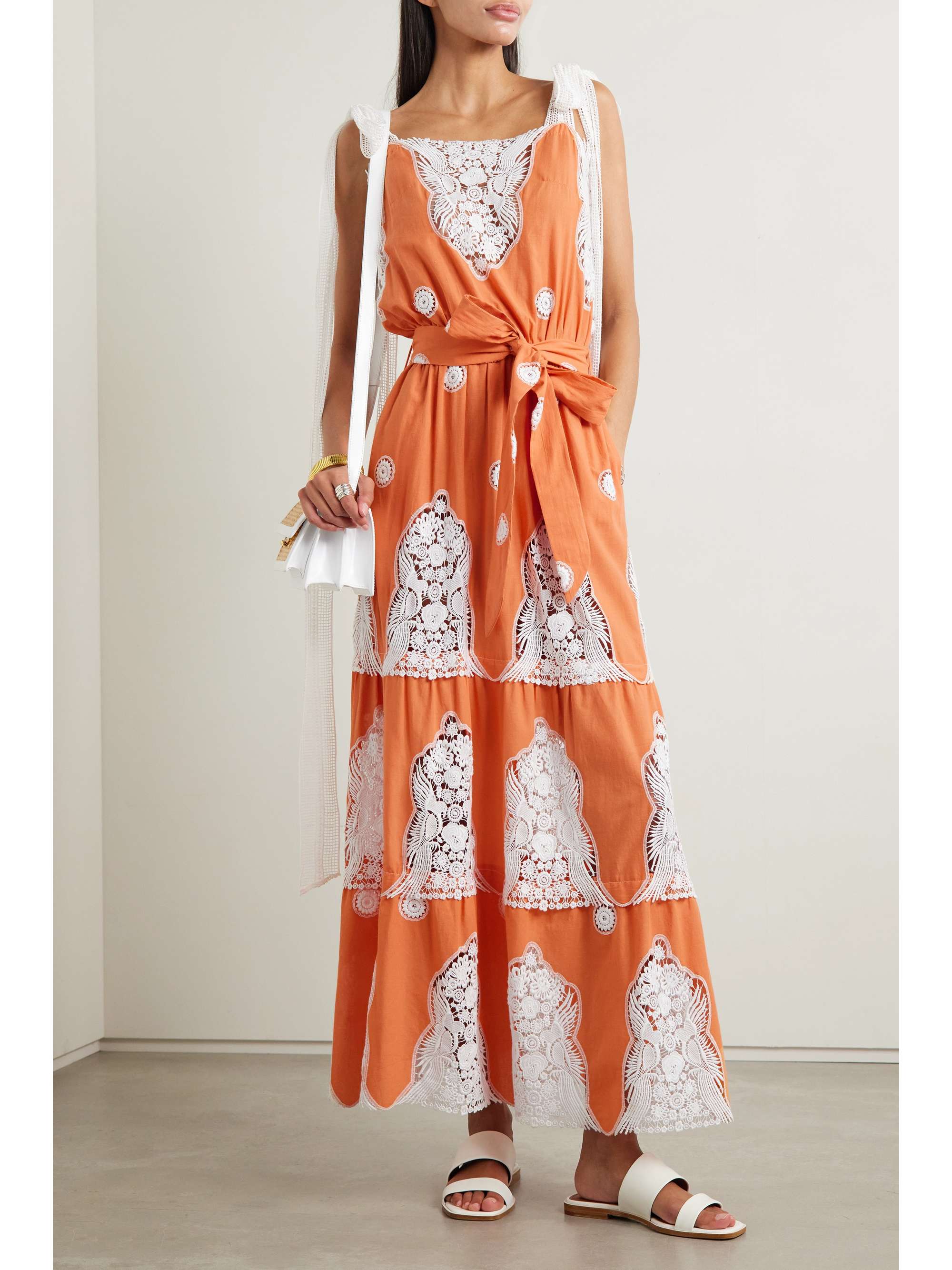 MIGUELINA Fatema belted crochet and cotton-voile midi dress