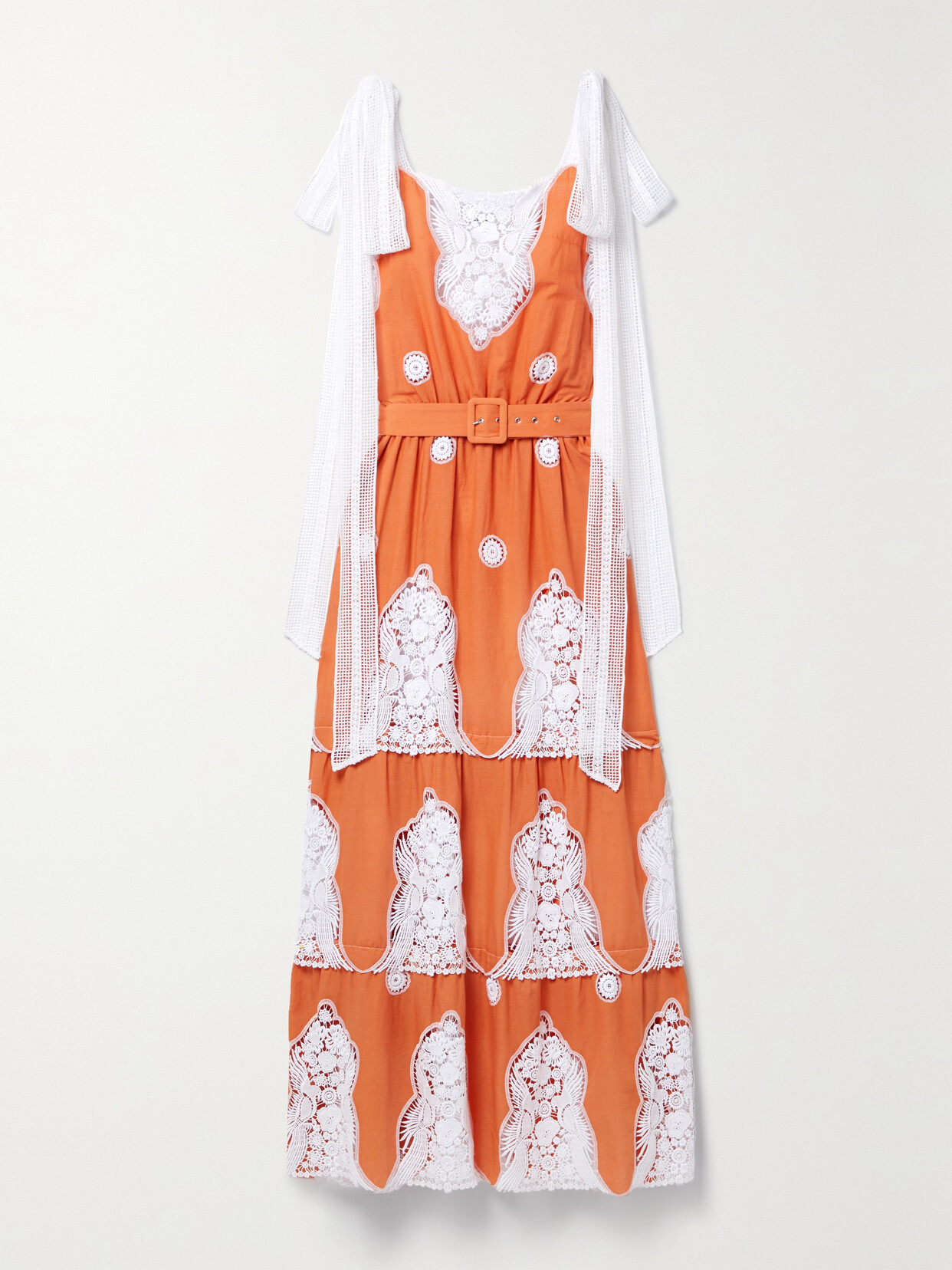 Miguelina Fatema Belted Crochet And Cotton-voile Midi Dress In Orange