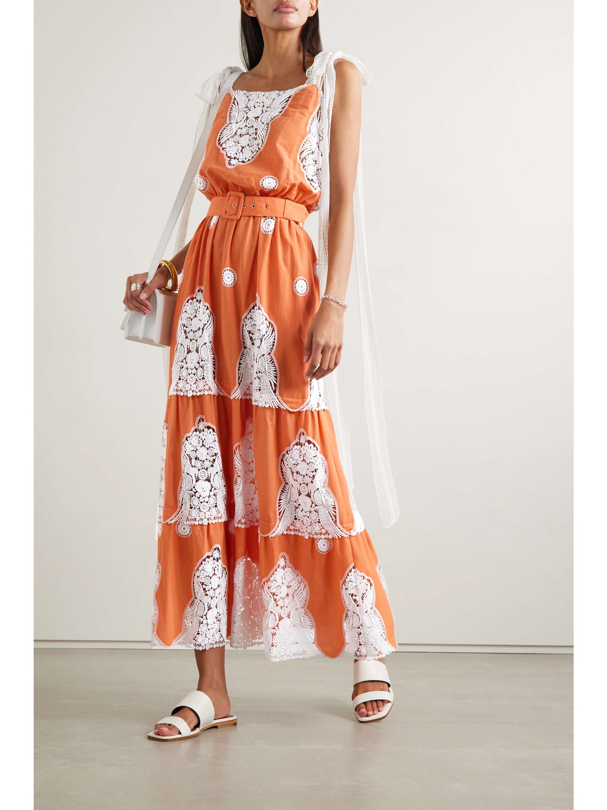 MIGUELINA Fatema belted crochet and cotton-voile midi dress
