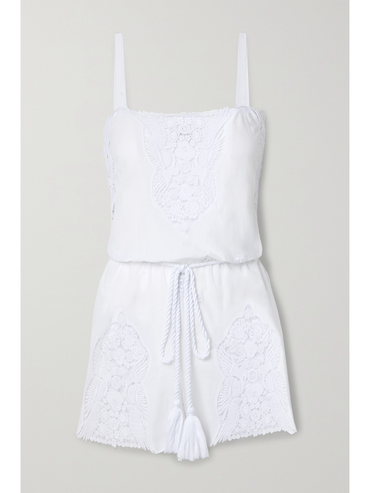 Miguelina Peggy Belted Crochet-trimmed Cotton-poplin Playsuit In White