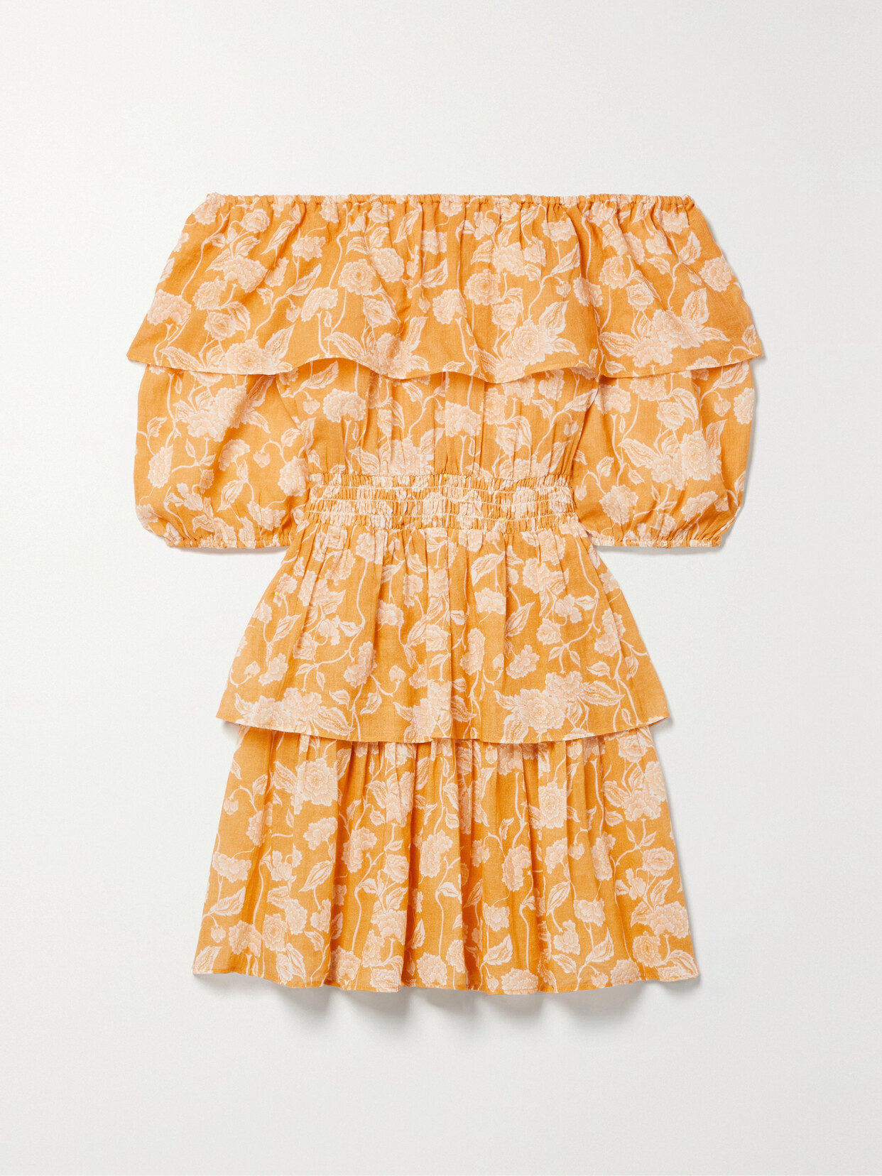 Miguelina Basil Off-the-shoulder Shirred Tiered Floral-print Cotton-voile Mini Dress In Orange