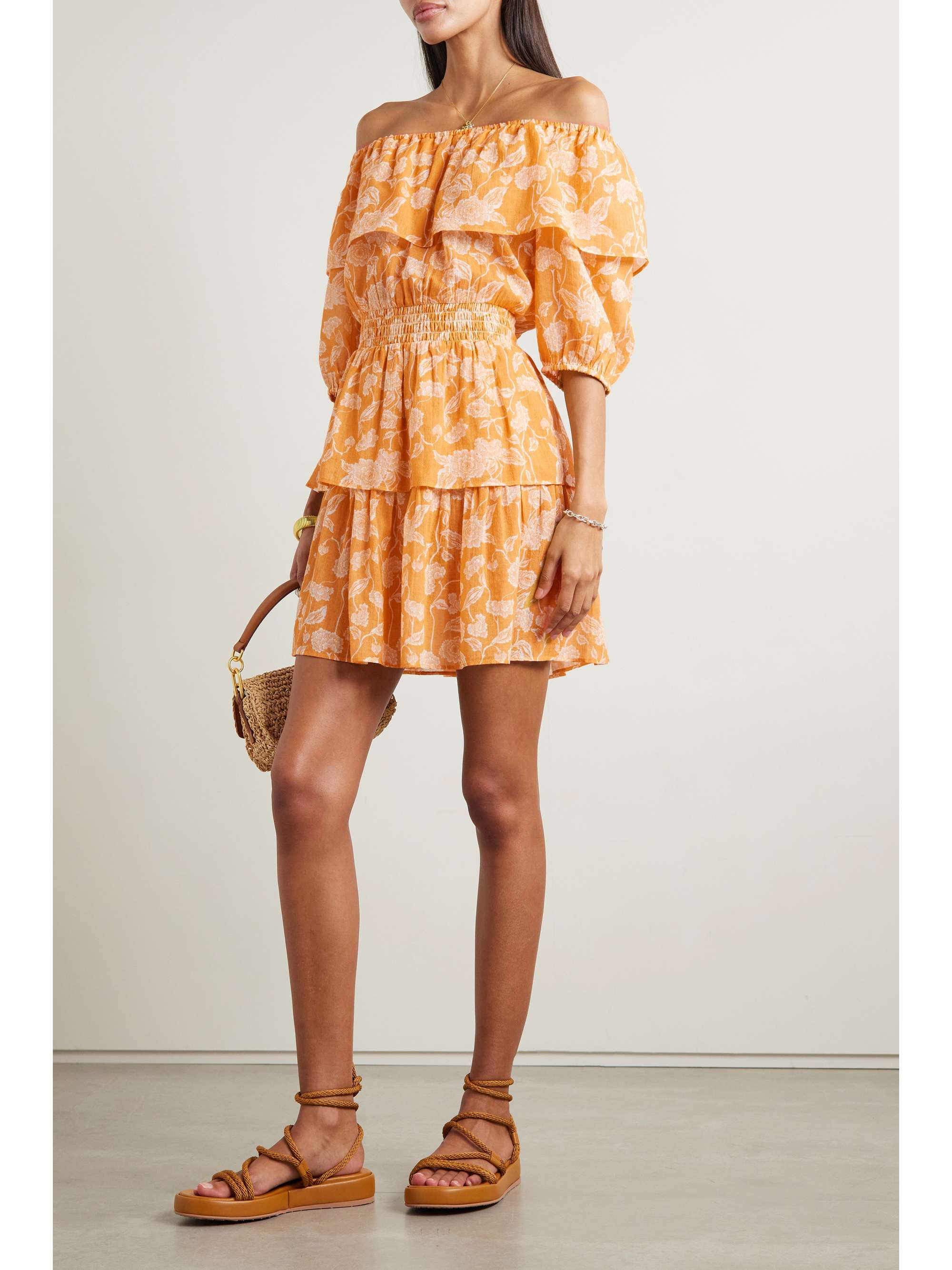 MIGUELINA Basil off-the-shoulder shirred tiered floral-print cotton-voile mini dress