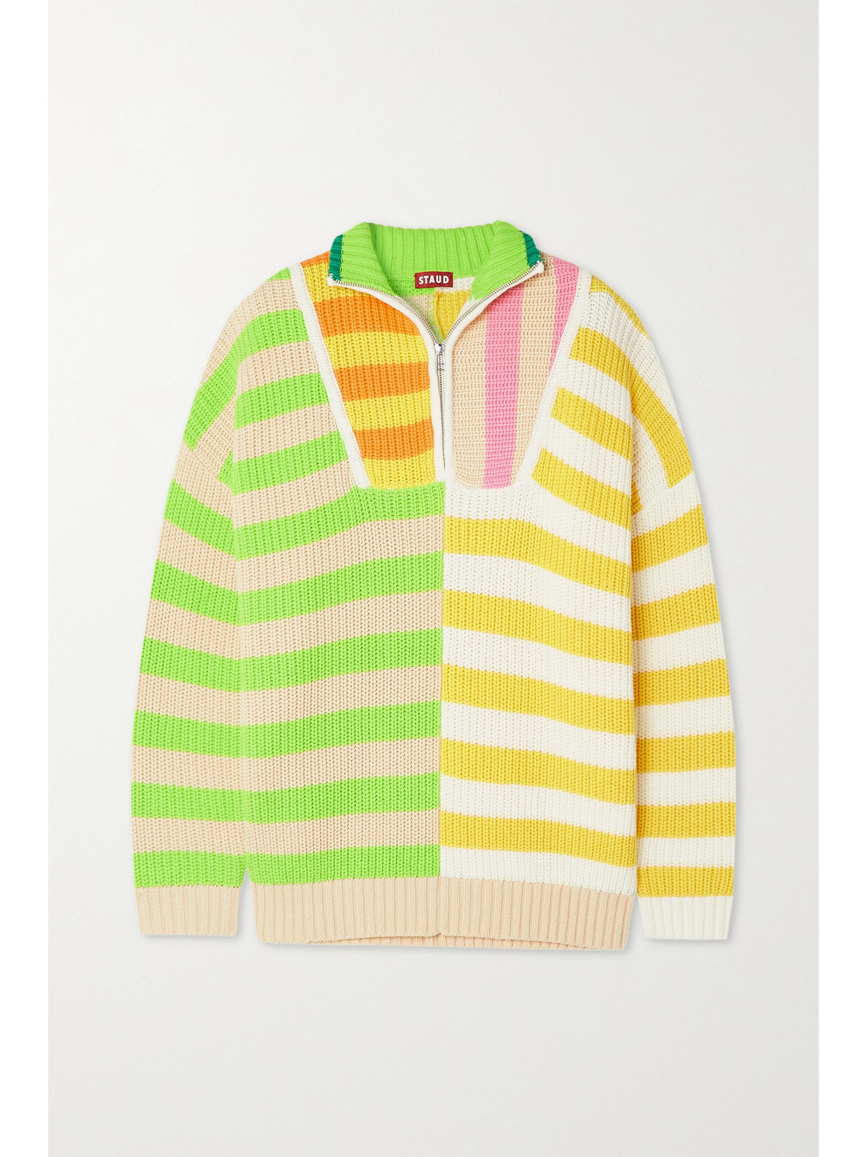 Staud Hampton Striped Chunky-knit Cotton-blend Sweater In Yellow