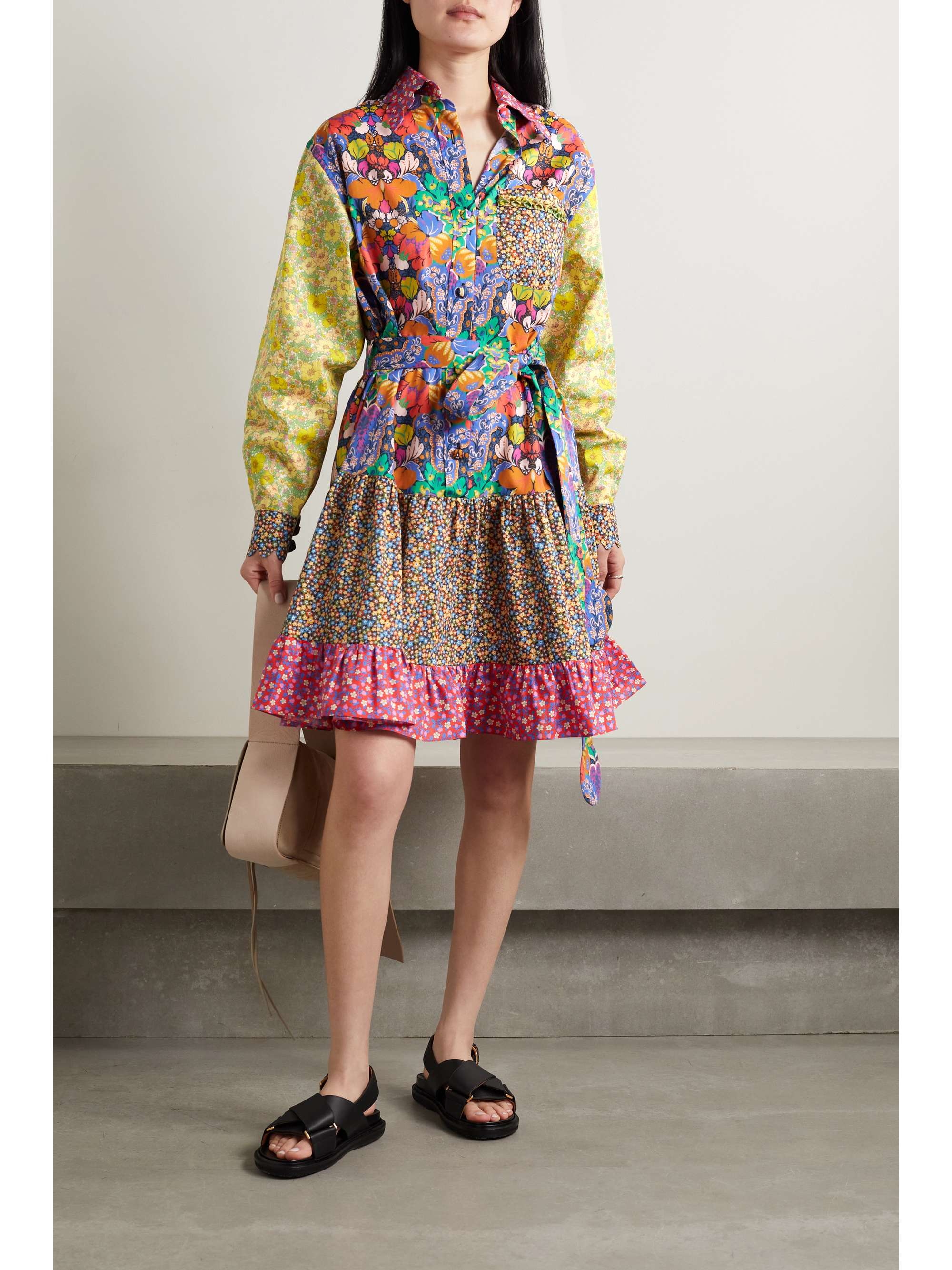 HORROR VACUI Mini-robe-chemise en coton patchwork à imprimé fleuri et à festons Lizzy
