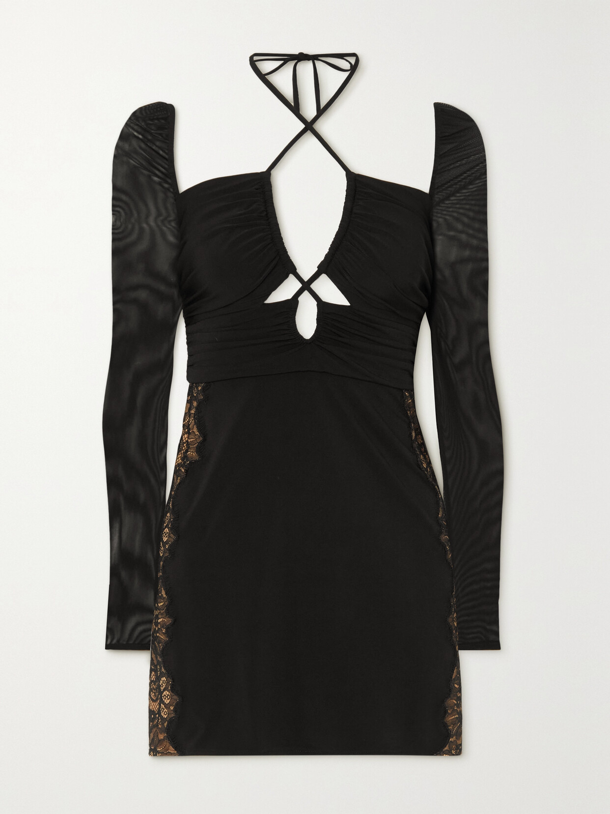 Self-portrait Cutout Lace-trimmed Stretch-jersey And Chiffon Halterneck Mini Dress In Black