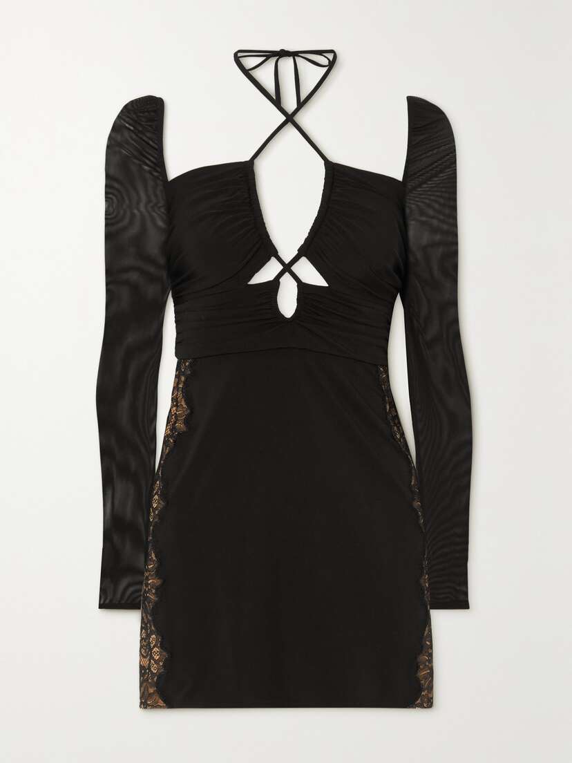 Self-Portrait Cutout Lace-trimmed Stretch-jersey And Chiffon Halterneck Mini Dress